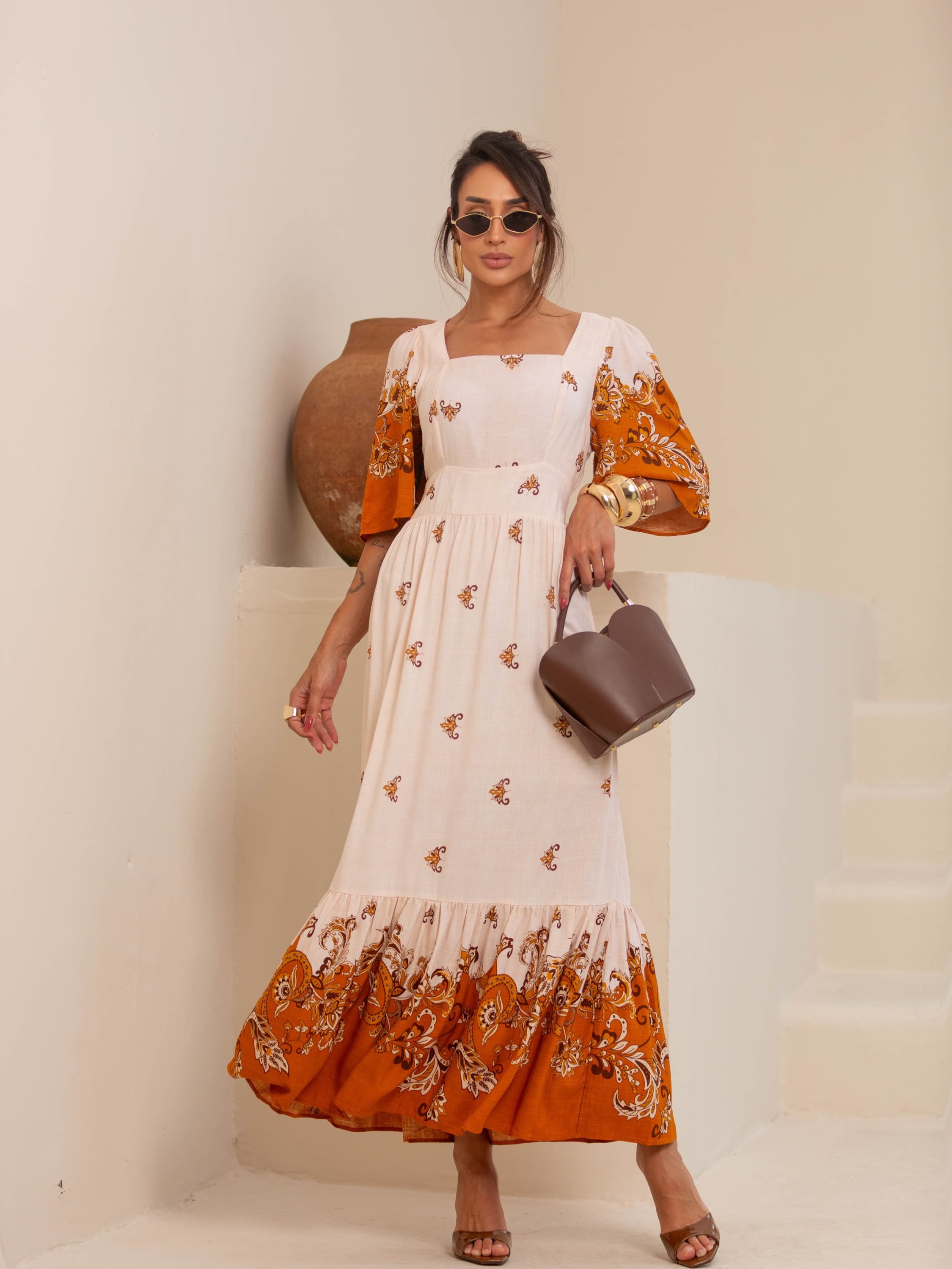 Vestido   Estampado Longo Modesto Forrado