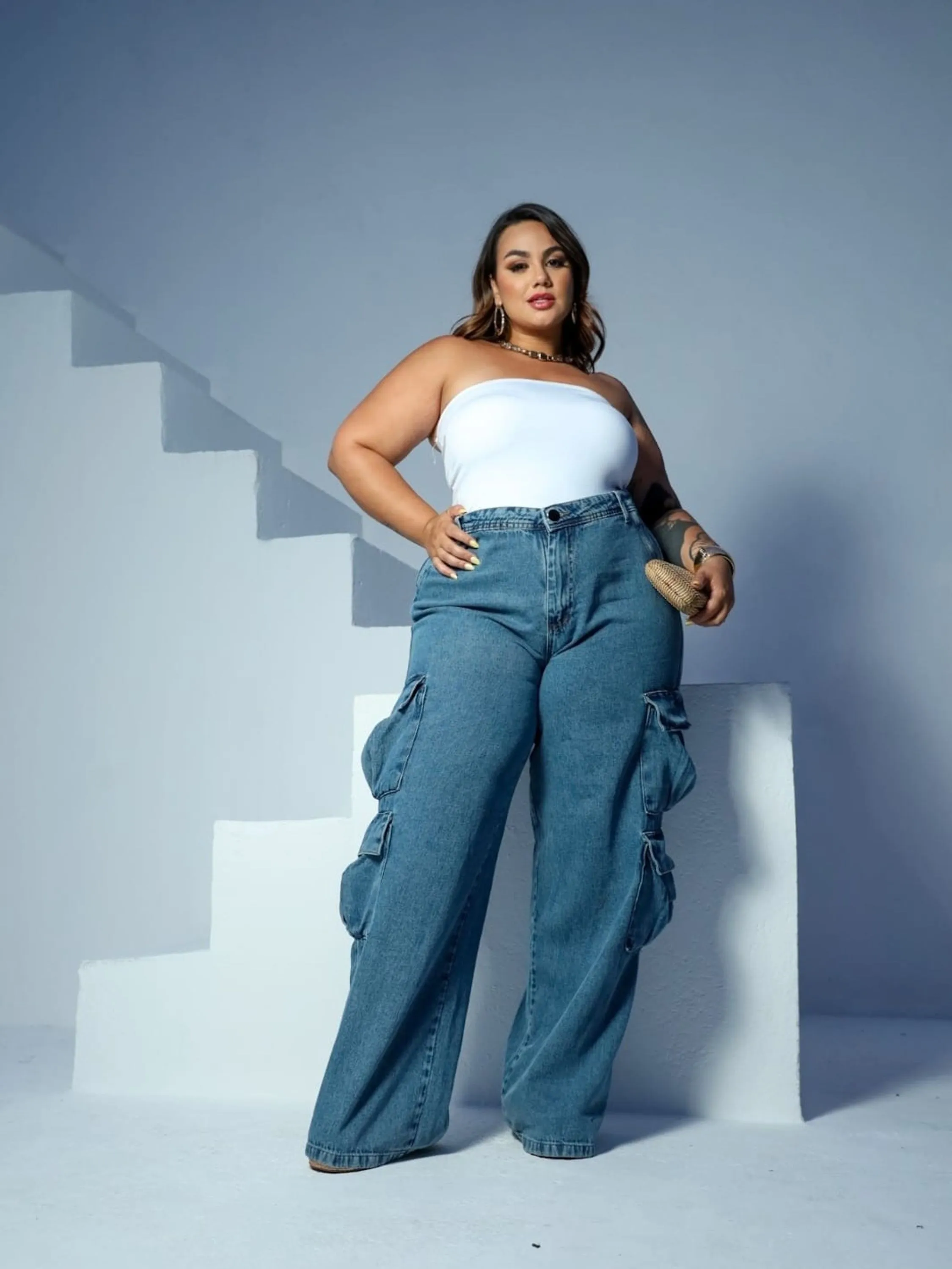 Widleg Jeans Cargo Plus Size 4 bolso