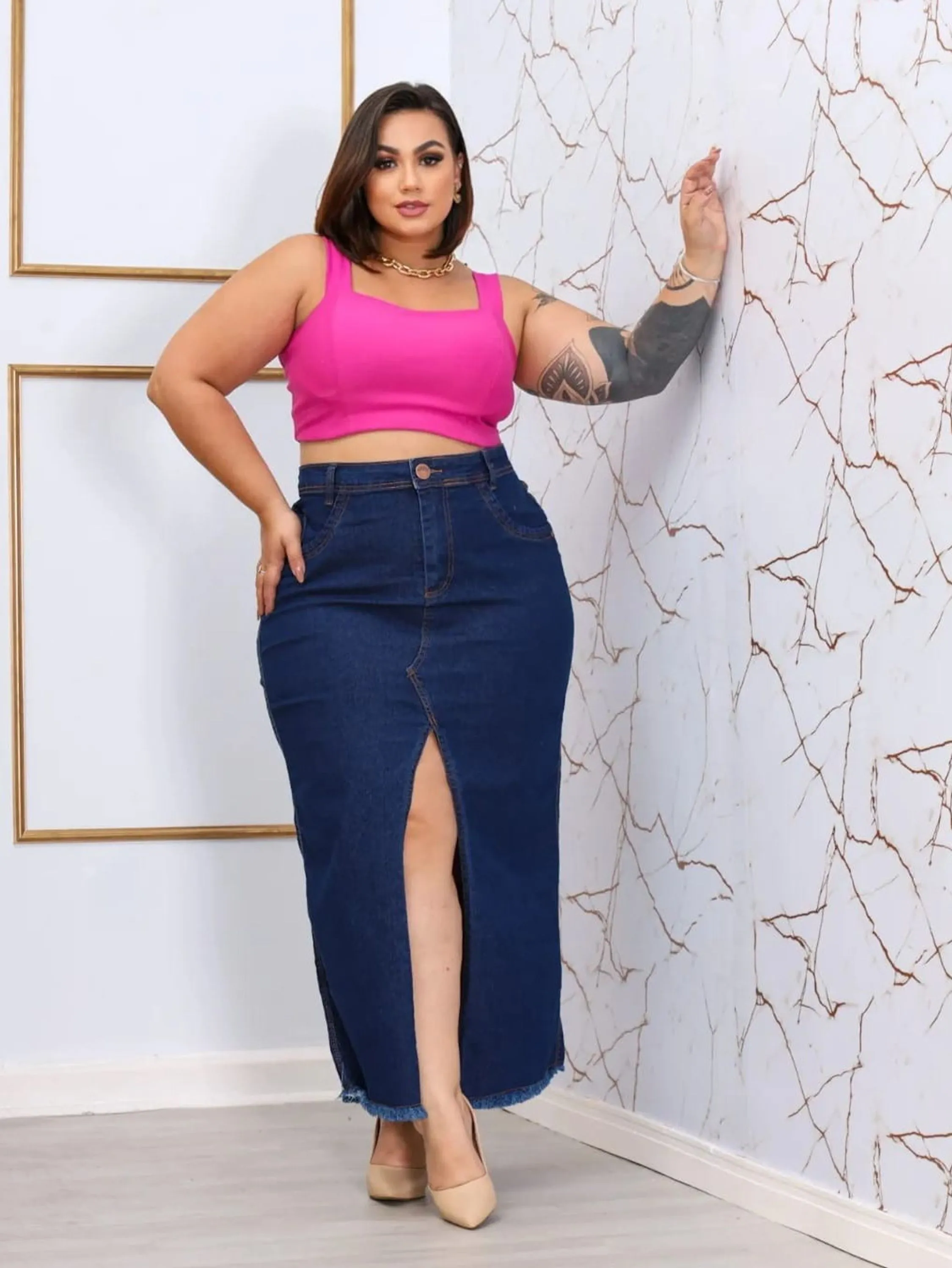 Saia Midi plus Size com Lycra