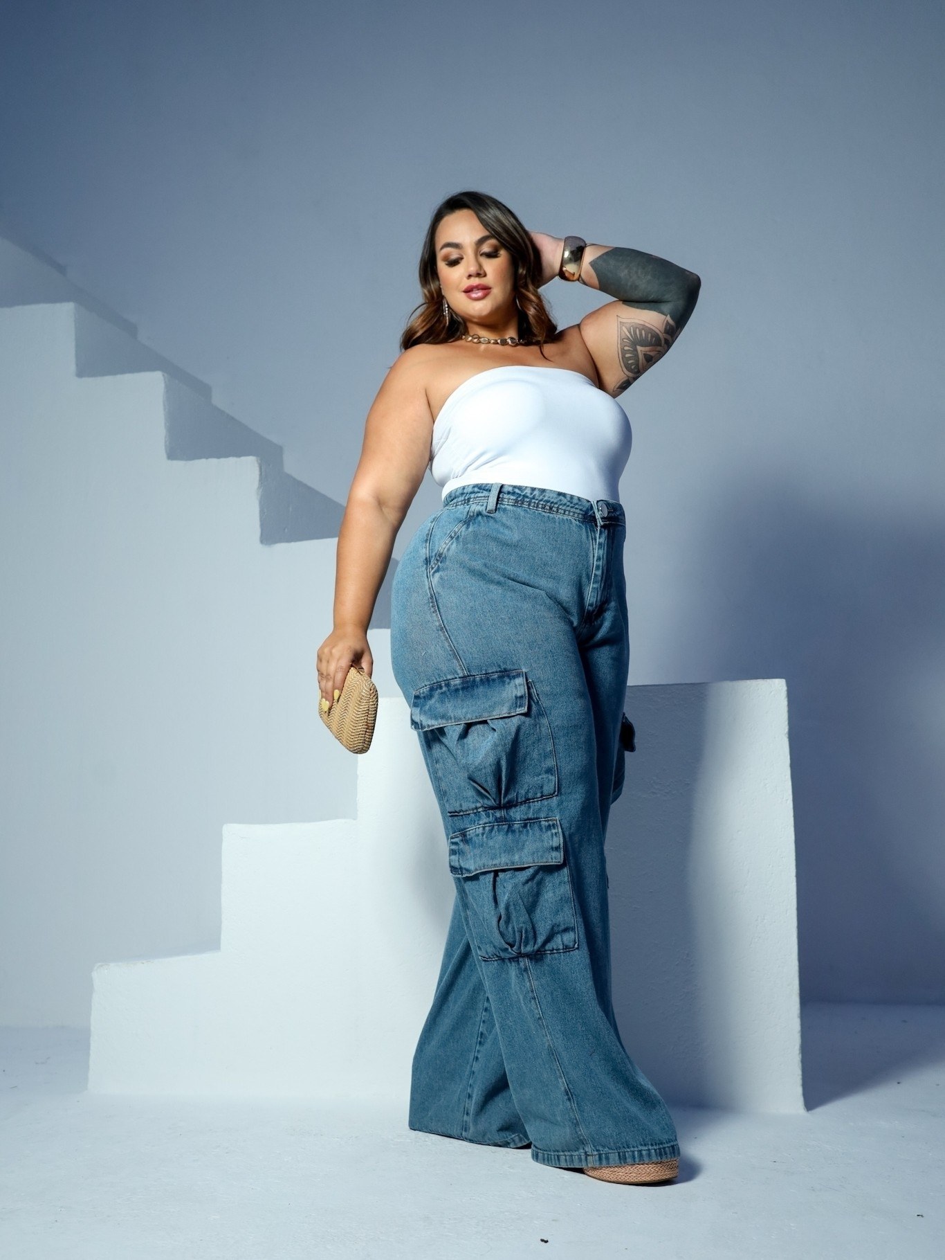 Wide Leg Jeans Pantalona Plussize Sem Lycra Cargo 4 Bolsos