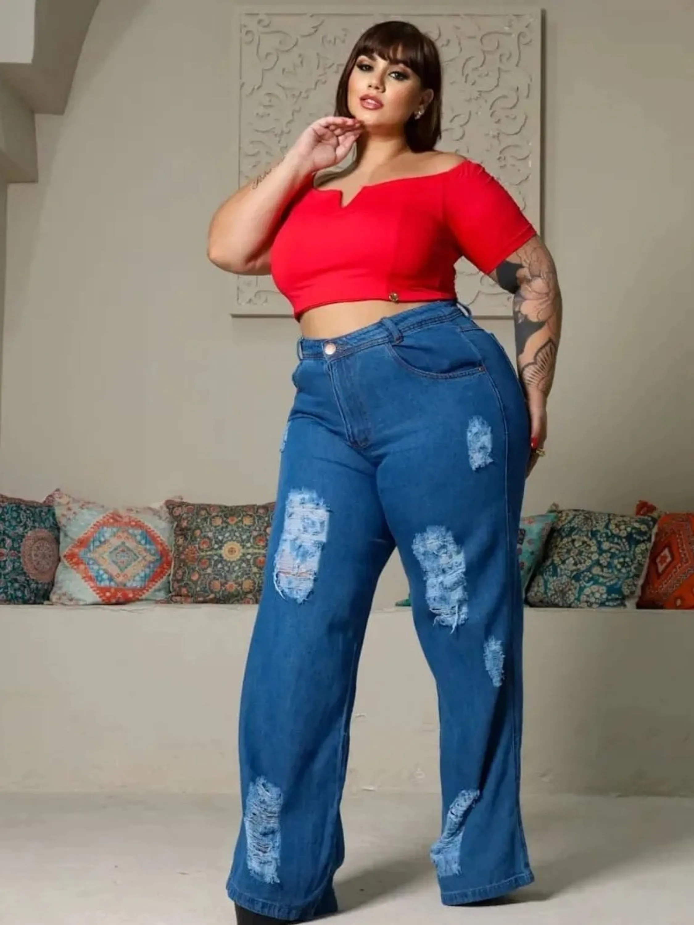 Calça wide leg rasgada Plus Size 46 ao 54