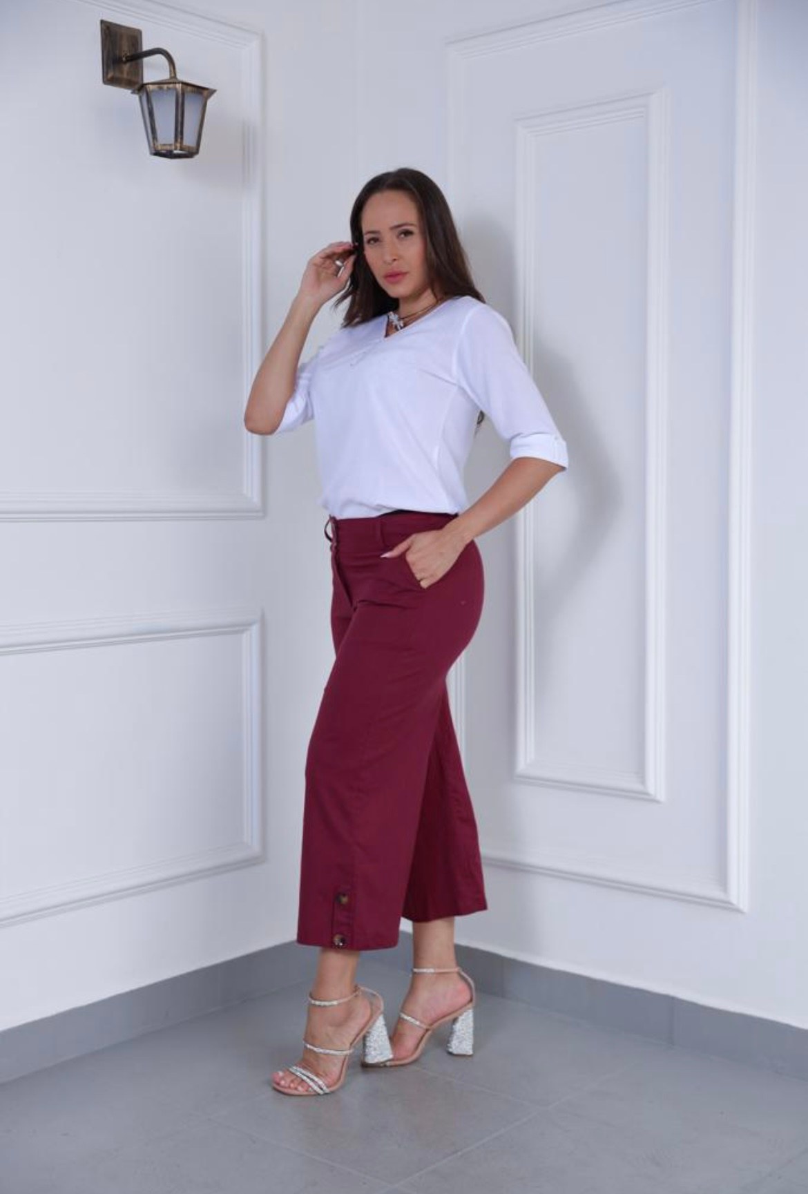 CALÇA PantaCOUR ELASTANO Linho bolsos casual femenino botoes na pern