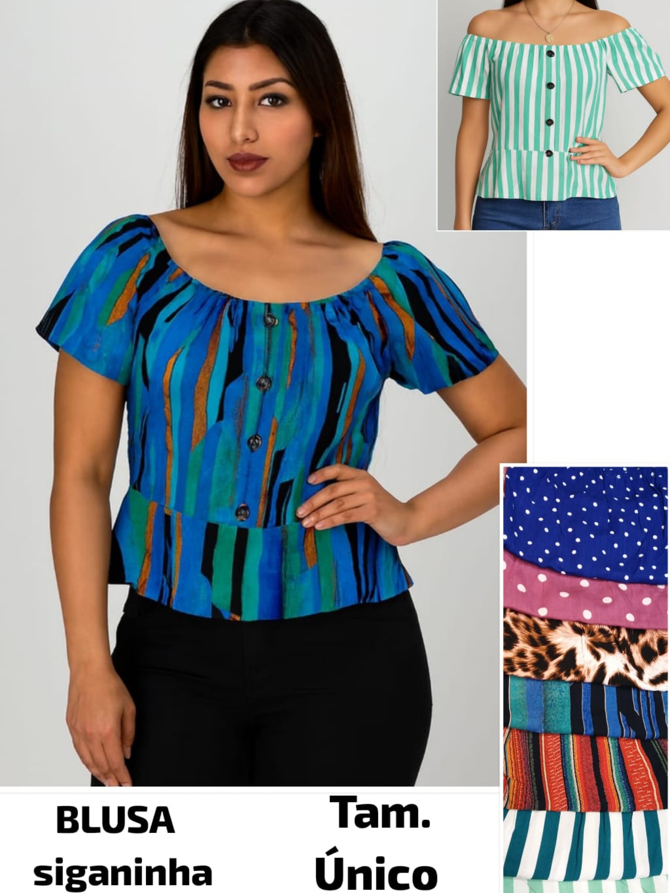 Kit 5 blusa femenina ciganinha estampado com botões elástico