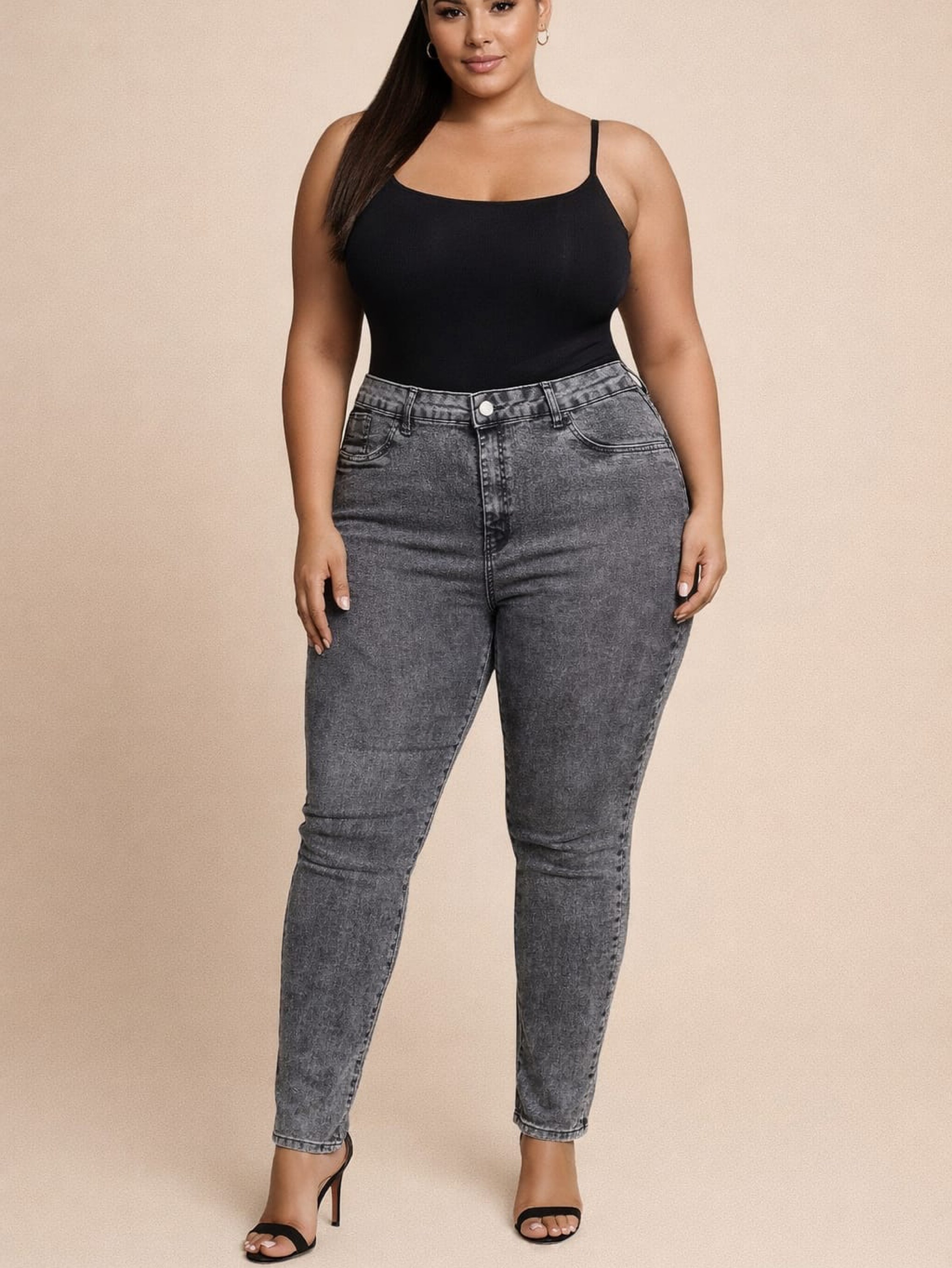 Calça jeans plus size cintura alta grafite marmorizada