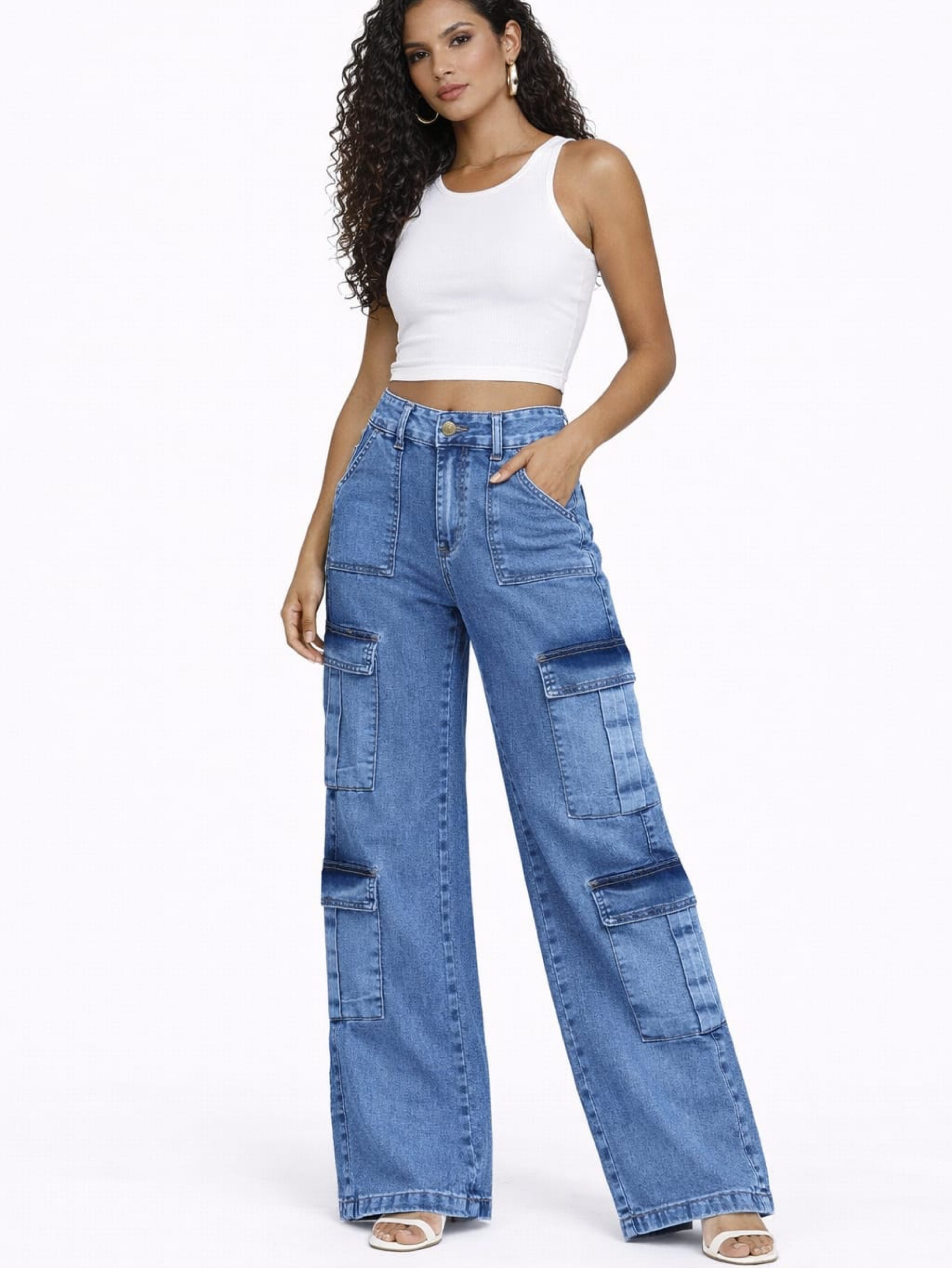 Calça Wide leg cargo de 4 bolsos com elastano