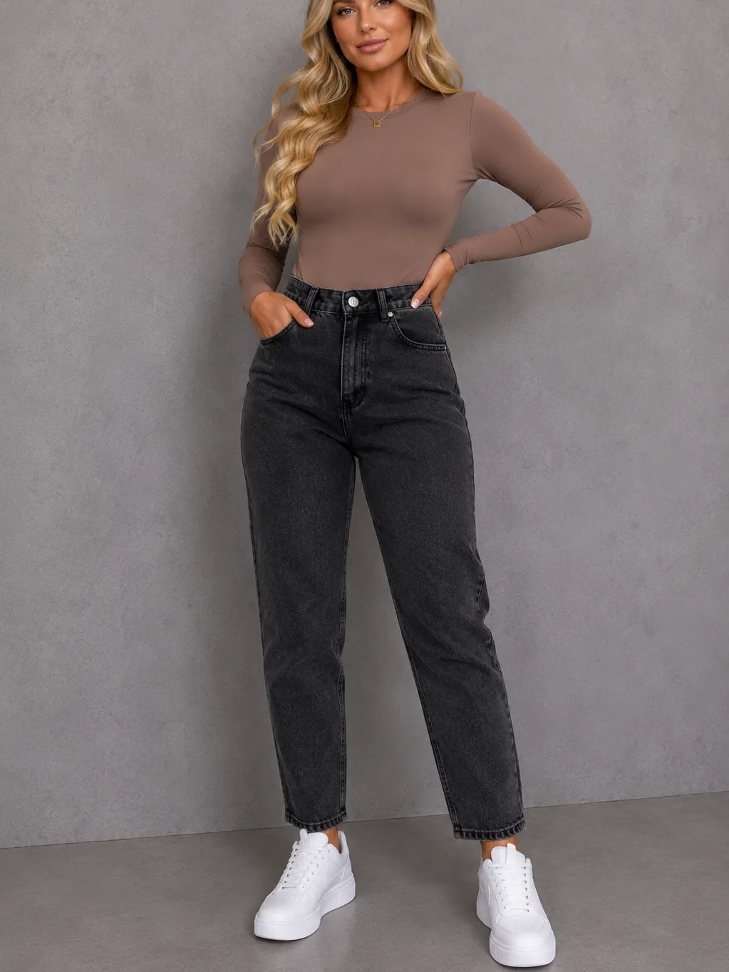 Calça Mon Jeans , cintura alta grafite marmorizada