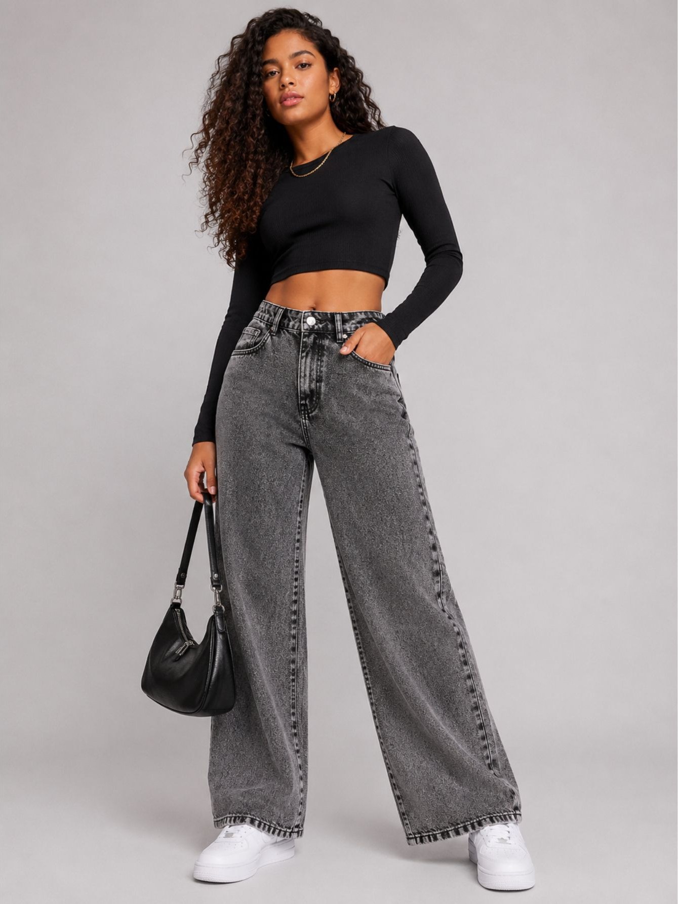 Calça jeans Wide leg grafite marmorizada
