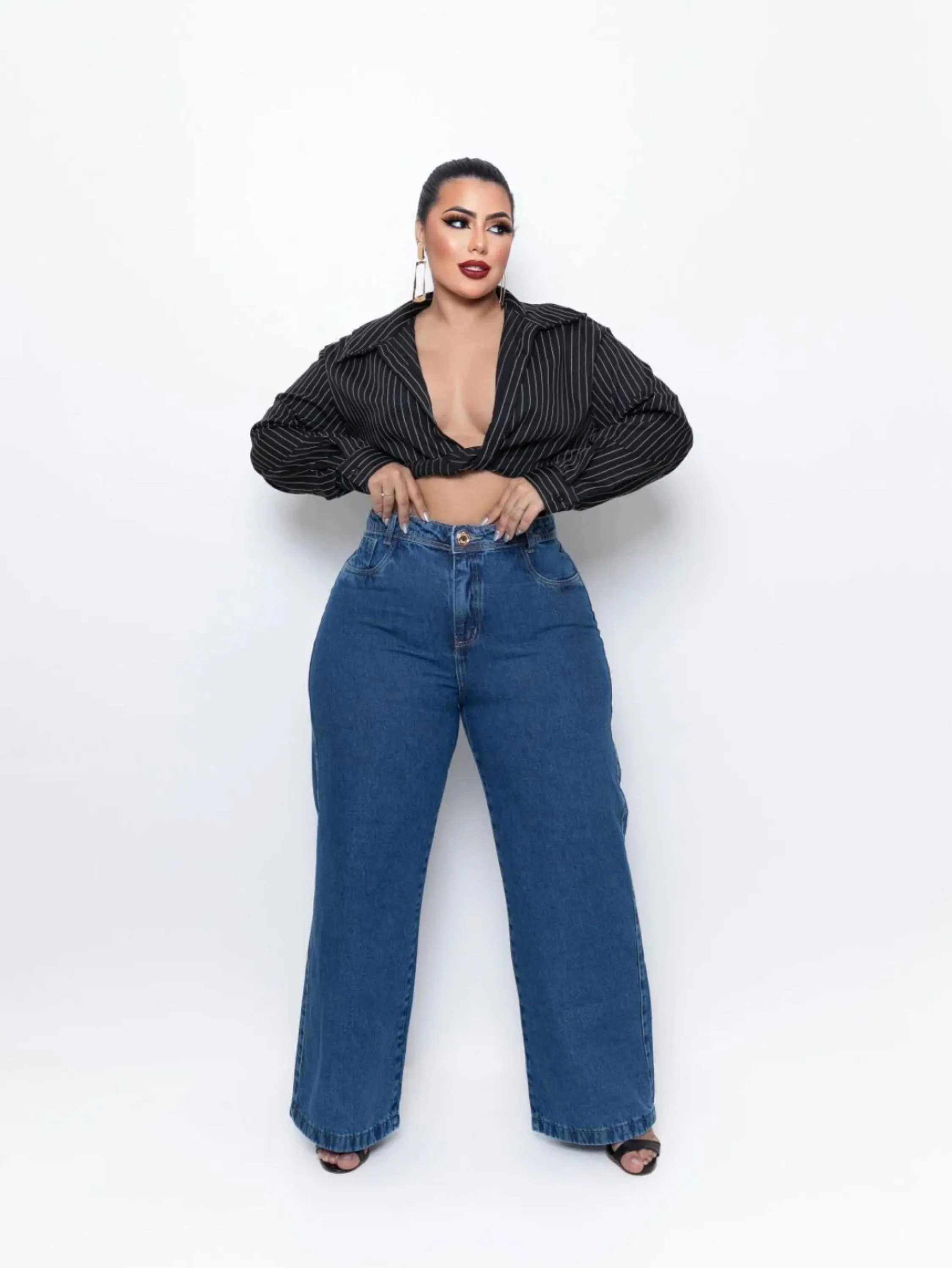 Calça Wide leg jeans 100% algodão  cintura alta linha premium