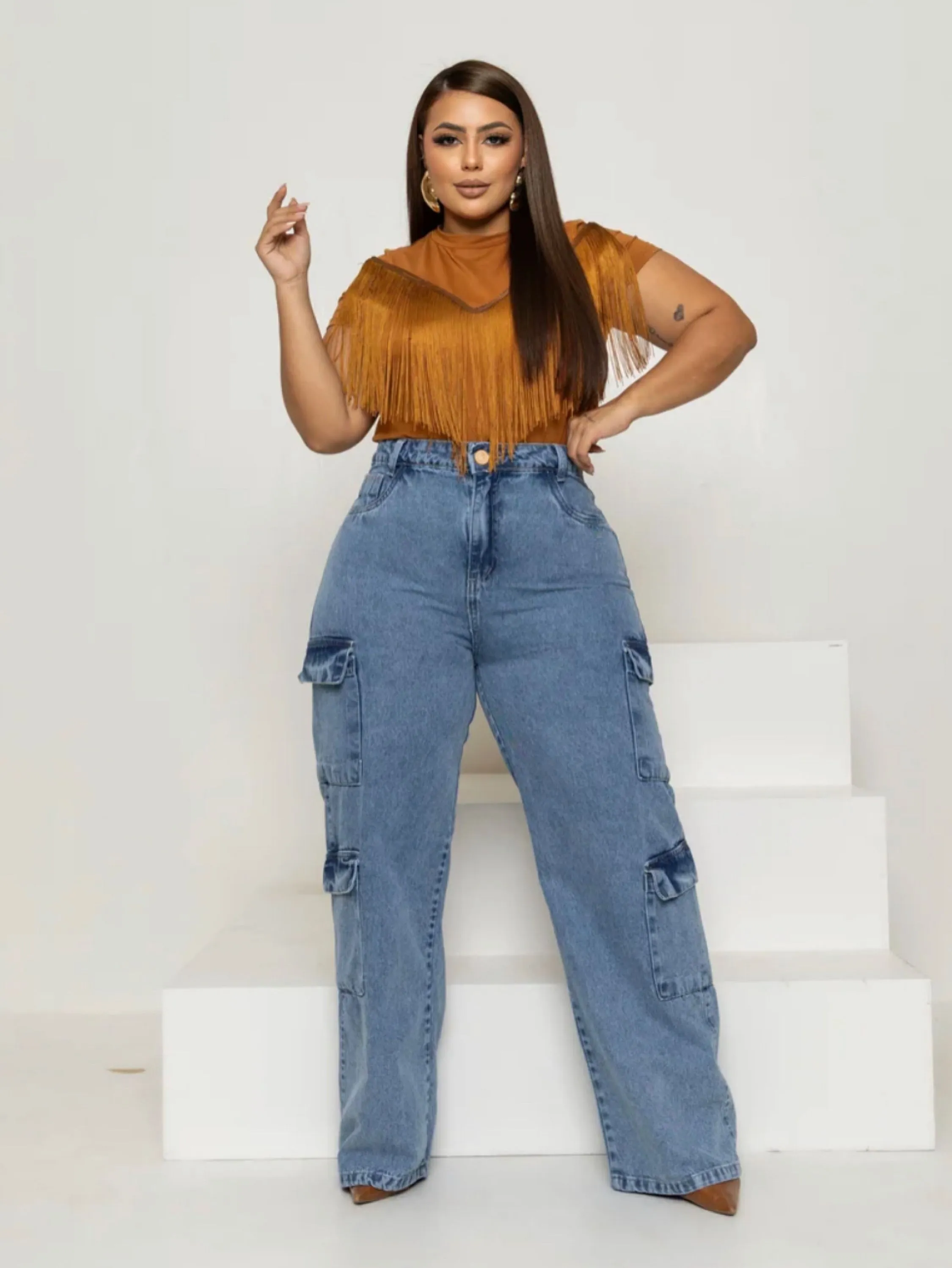 Calça Wide leg super cargo Plus size  cintura alta premium