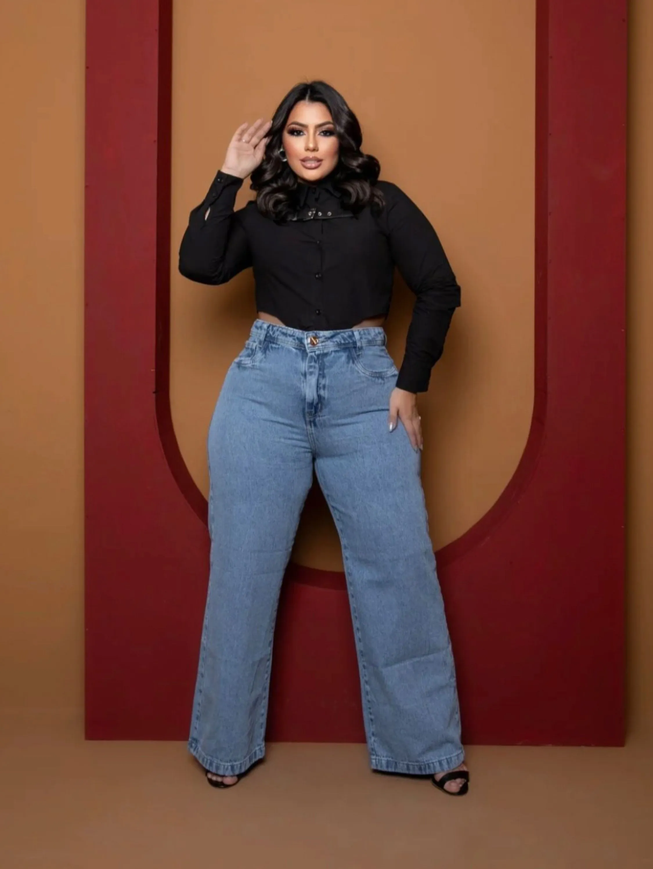 Calça Wide leg jeans 100% algodão  cintura alta linha premium