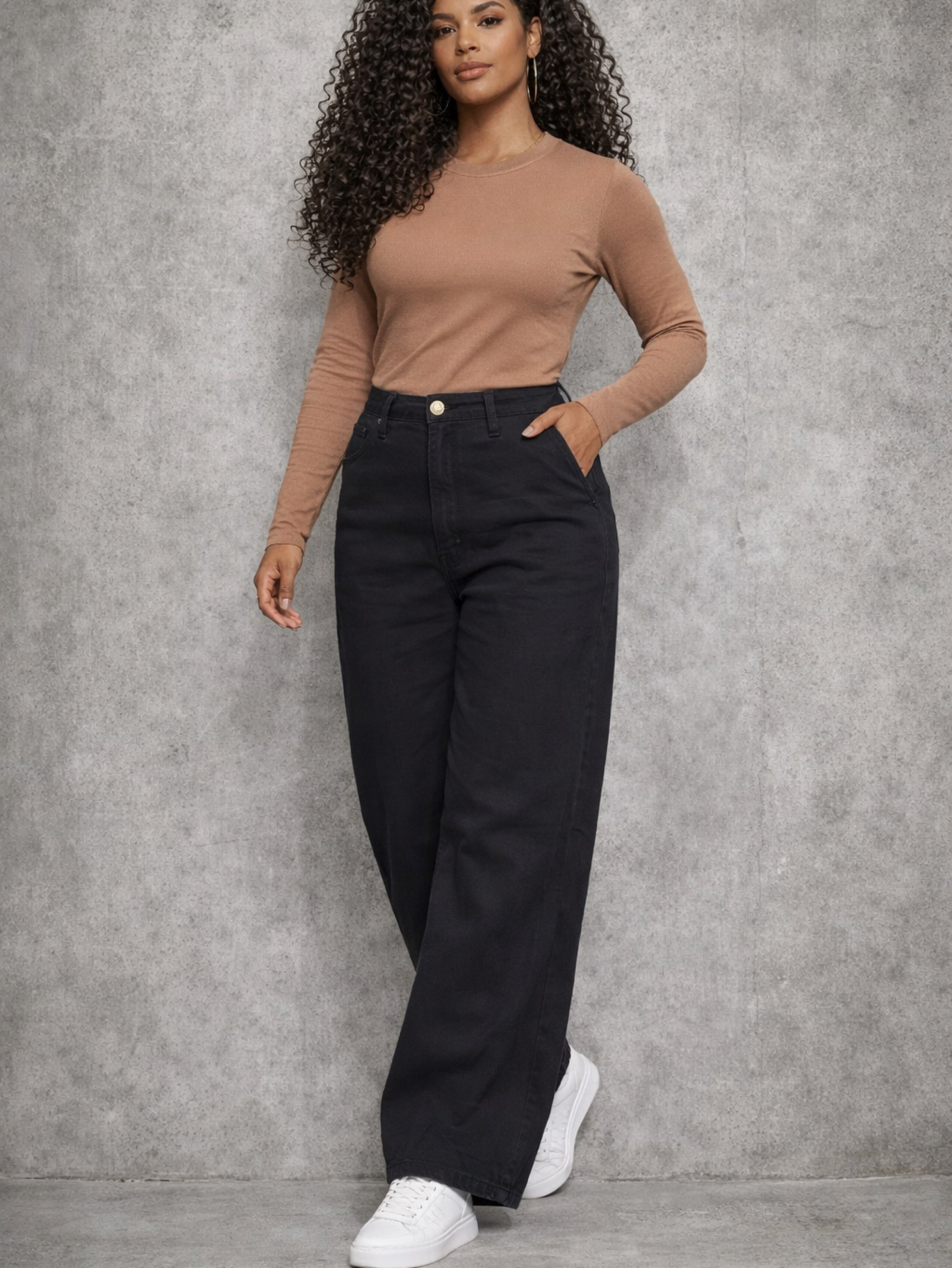 Calça jeans Wide leg Preta com elastano
