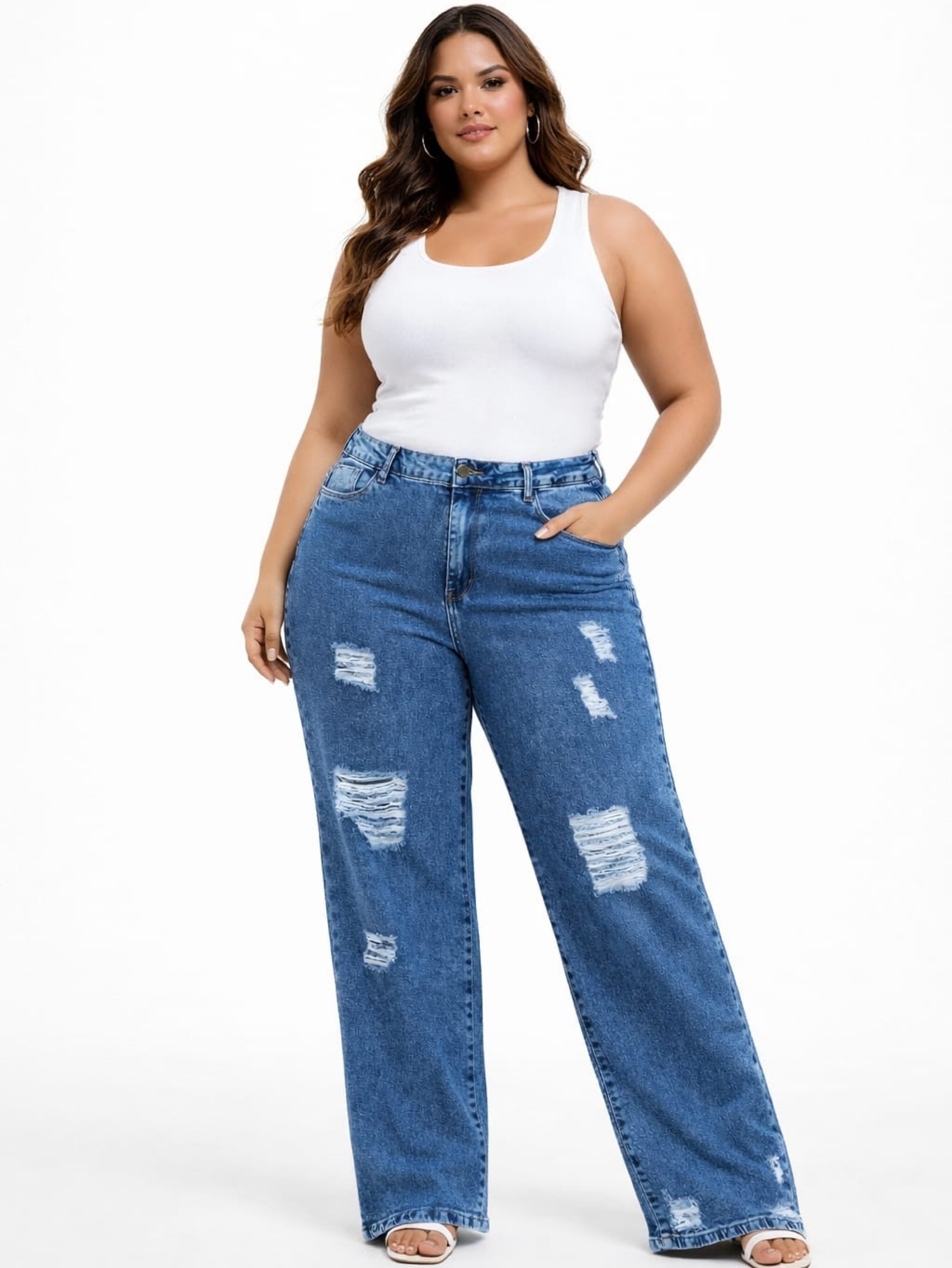 Calça Wide leg Plus size destroyed com elastano
