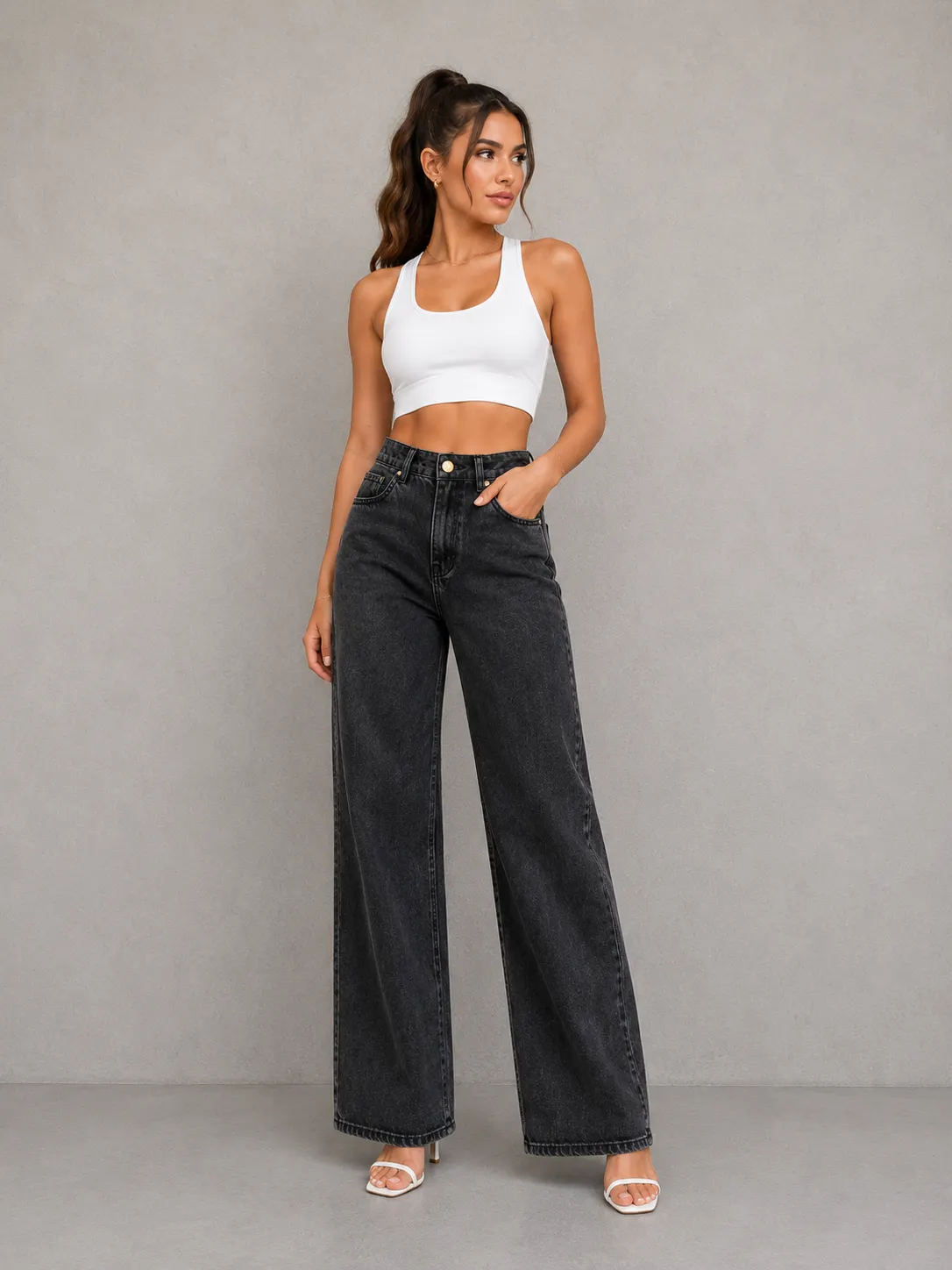 Calça jeans Wide leg grafite marmorizada