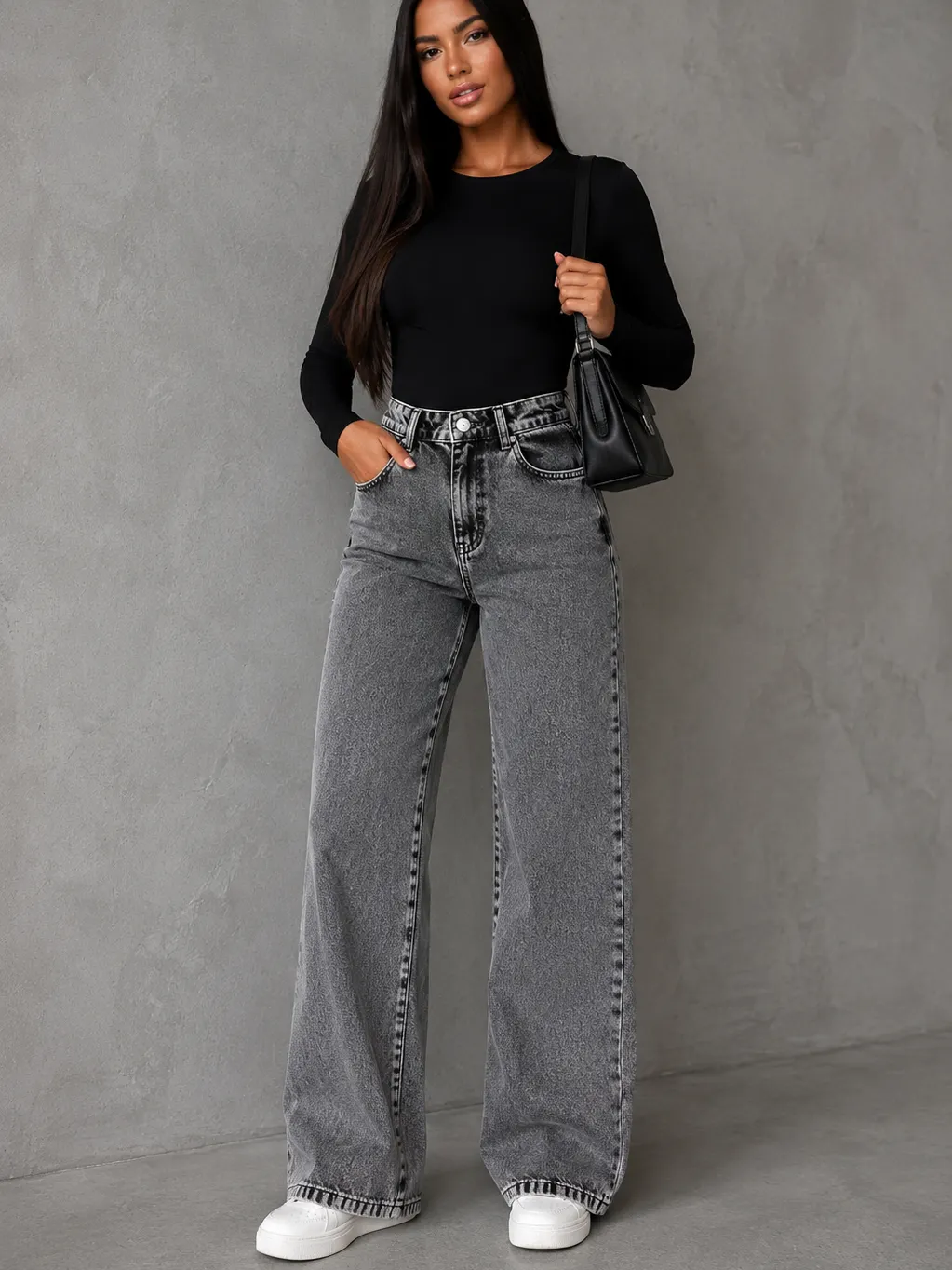 Calça jeans Wide leg grafite marmorizada sem elastano