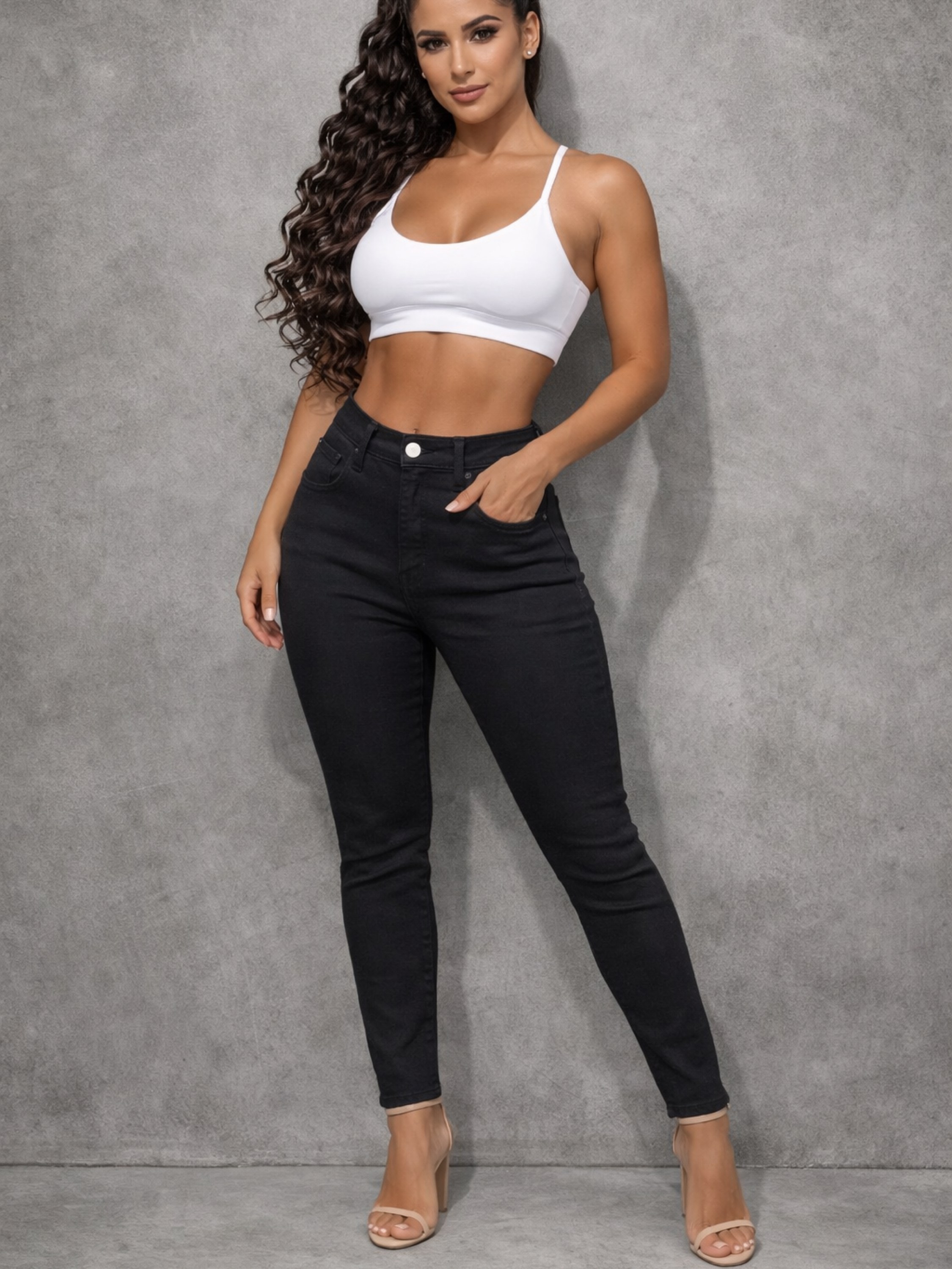 Calça jeans skinny preta cintura alta com elastano