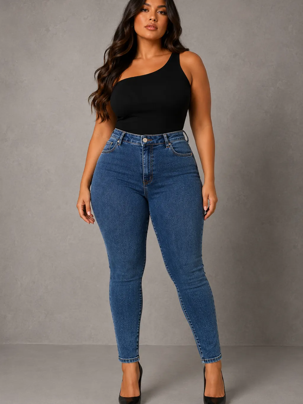 Calça jeans skinny plus size azul marmorizada com elastano