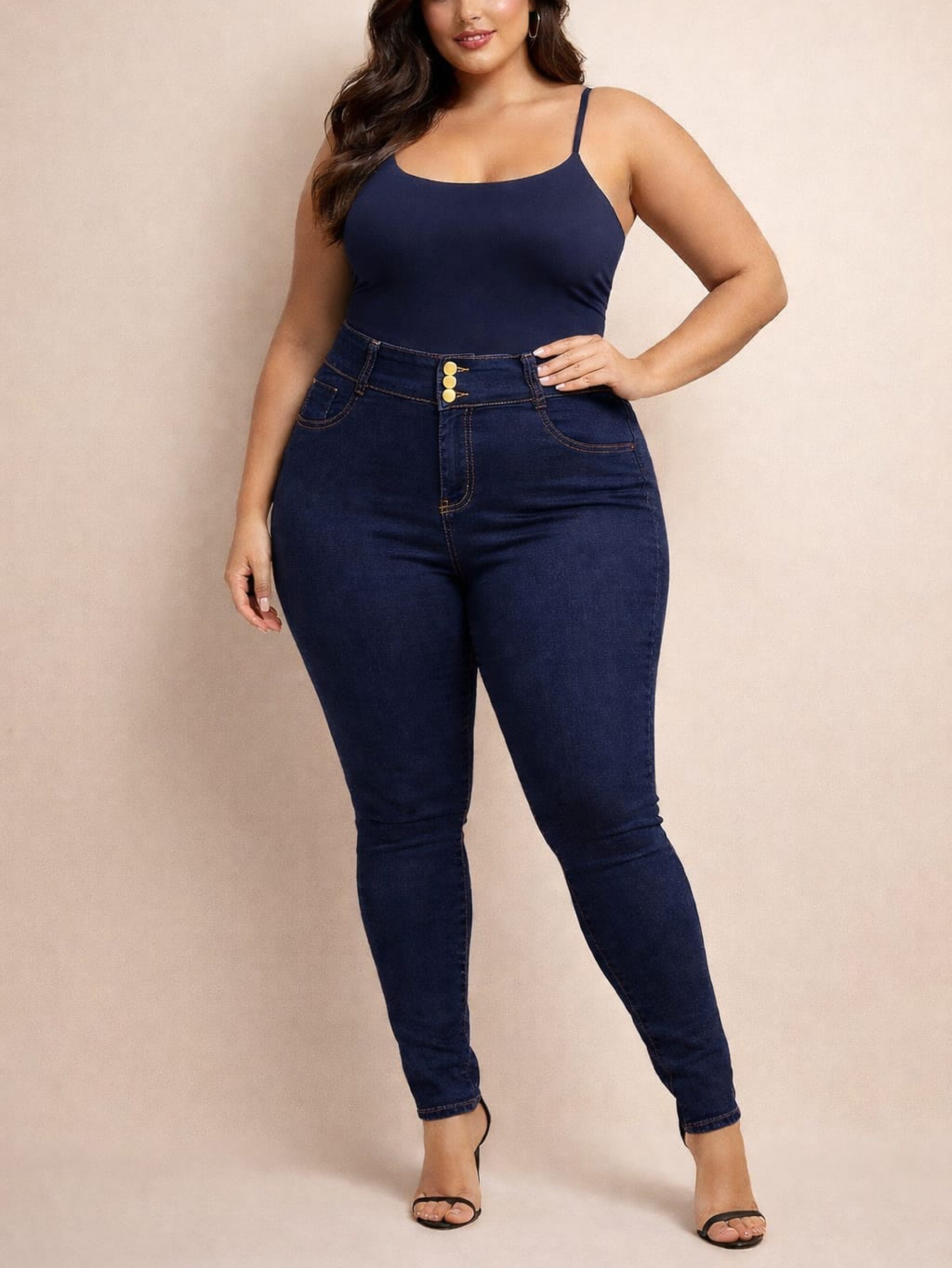 Calça jeans Skinny 3 botões Plus size com elastano