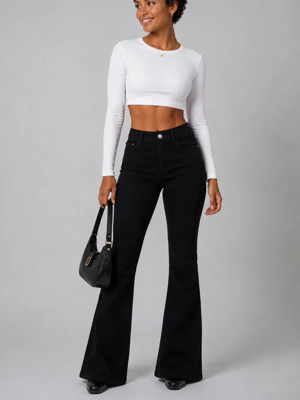 Calça jeans Flaer preta com elastano