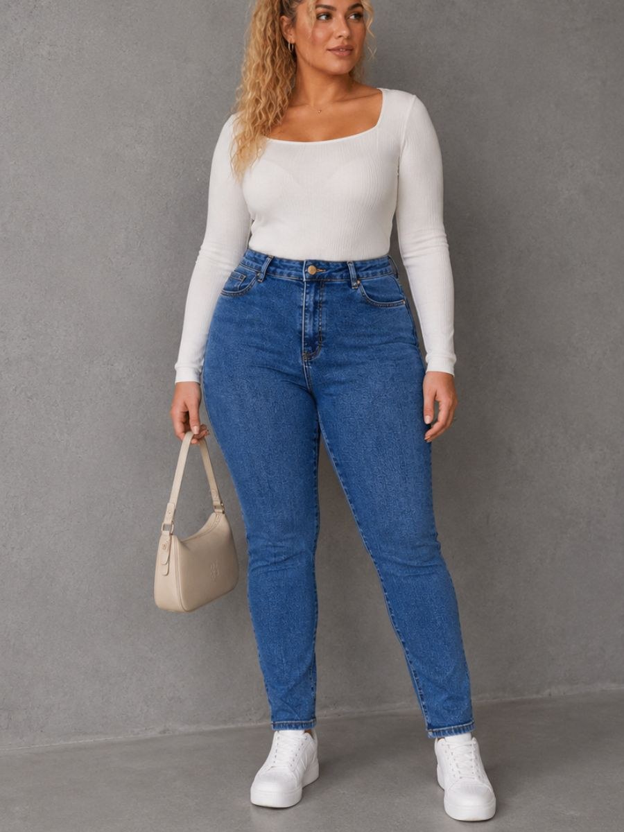 Calça jeans skinny Plus size azul marmorizada com elastano