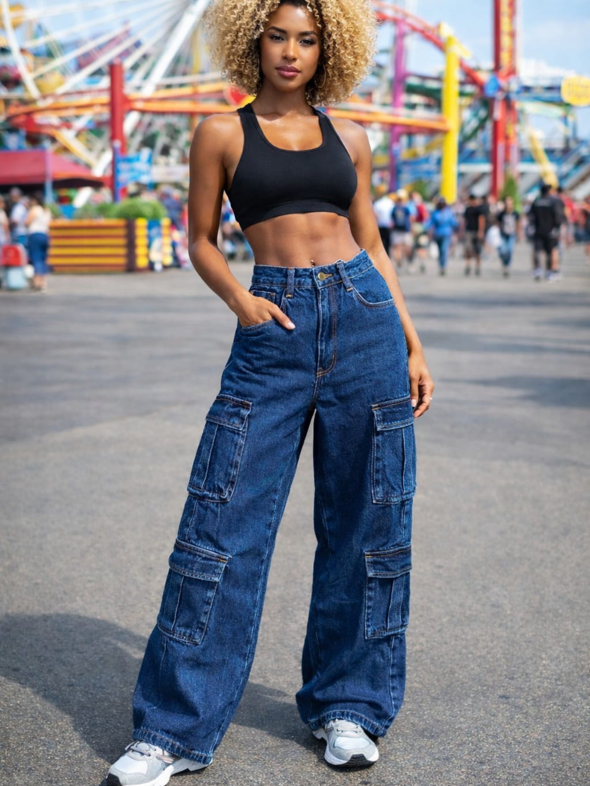 Calça Wide leg cargo 4 bolsos funcionais 100% Algodão