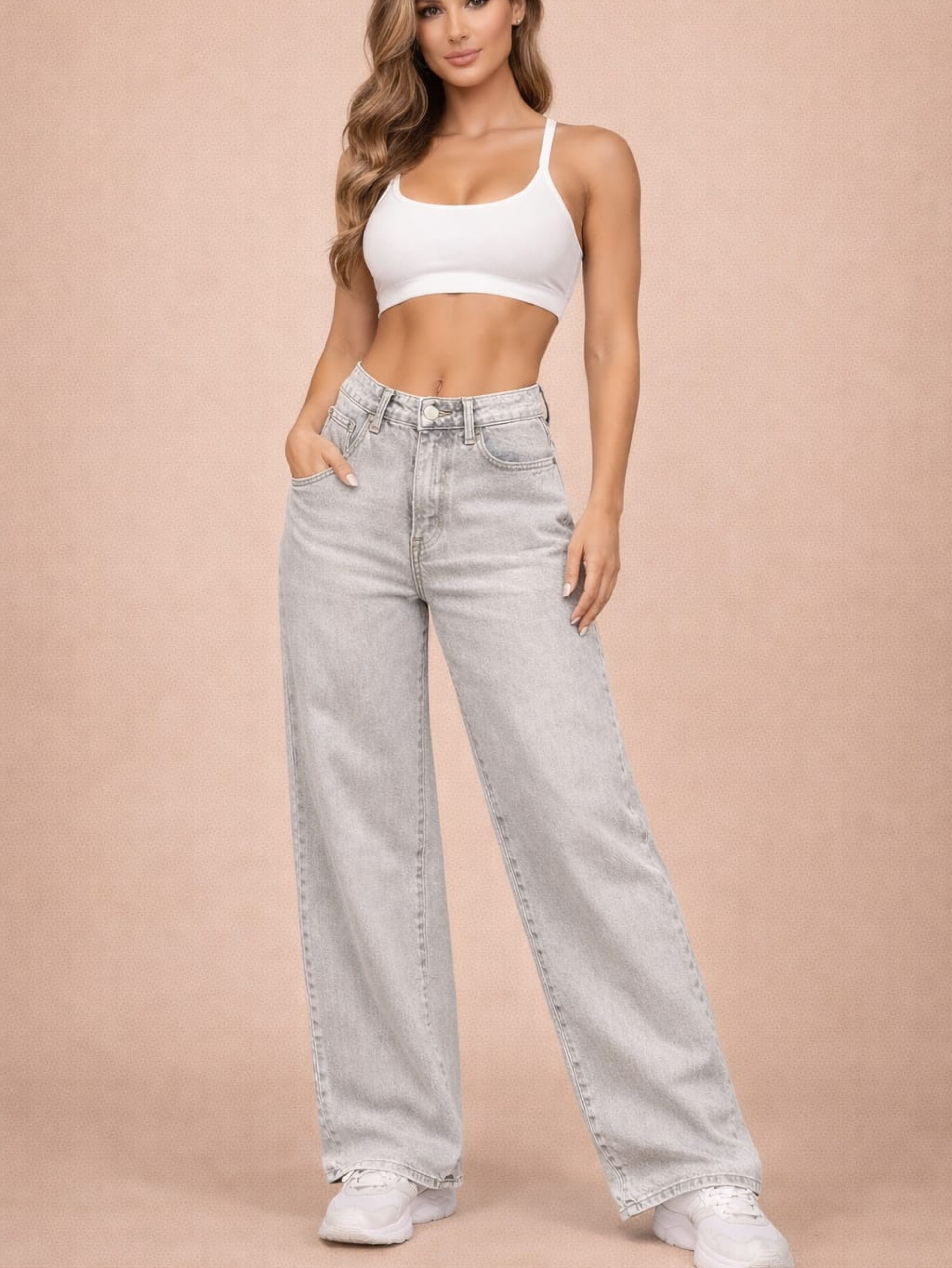 Calça jeans Wide leg cinza , cintura Alta