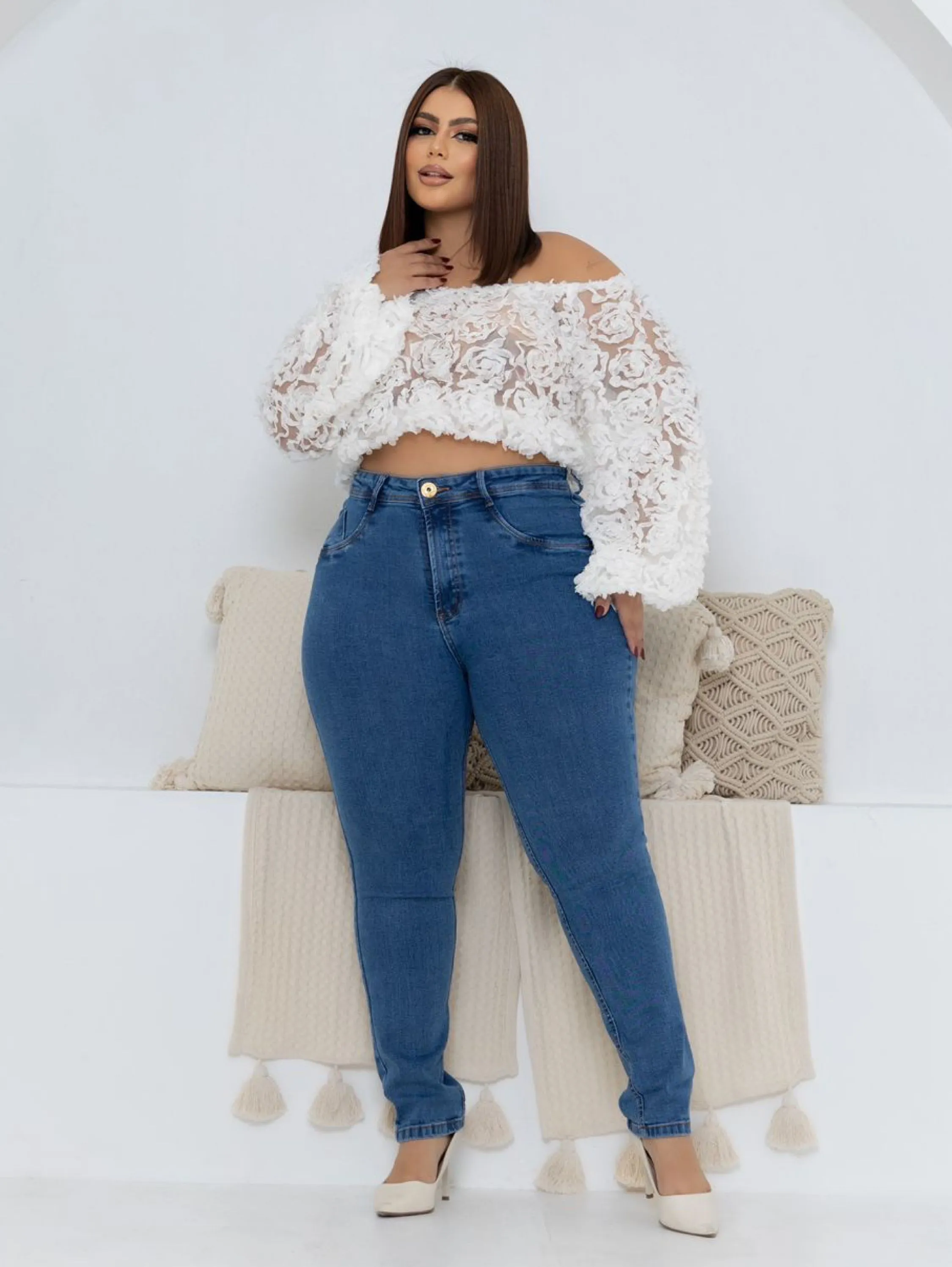 Calça jeans plus size cintura alta com elastano premium