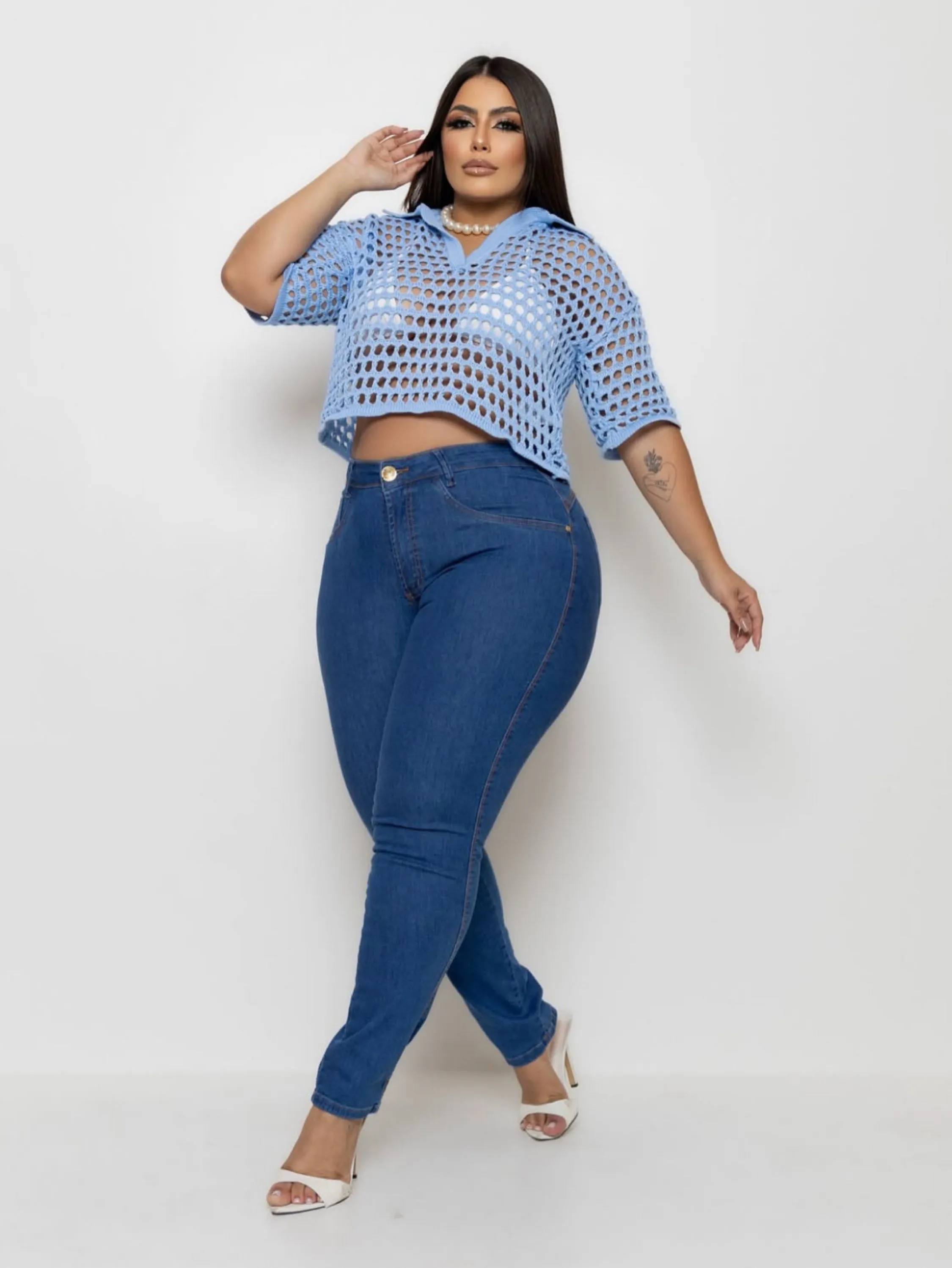 Calça jeans basica cintura alta com elastano