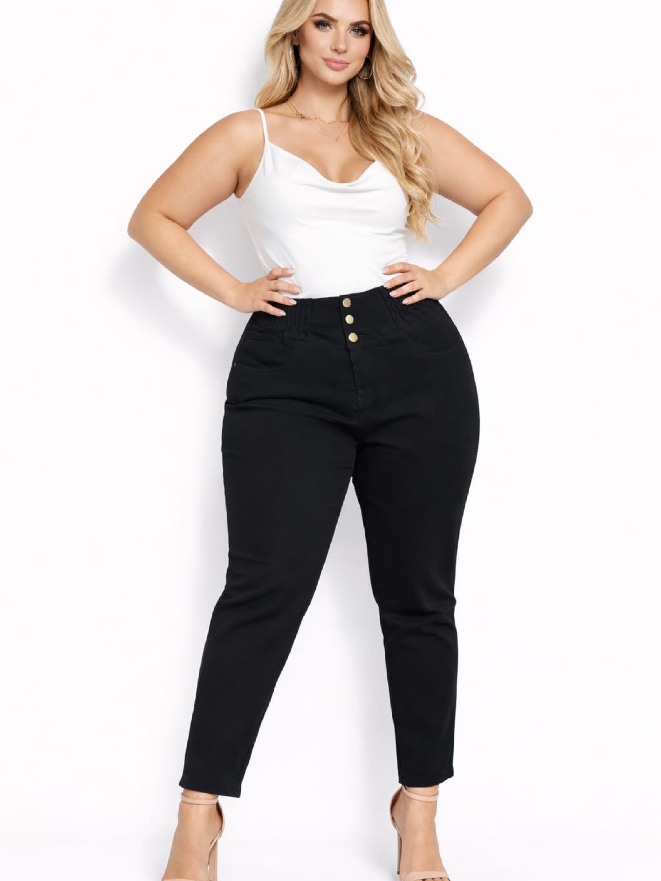 Calça jeans preta 3 botões e elástico na cintura