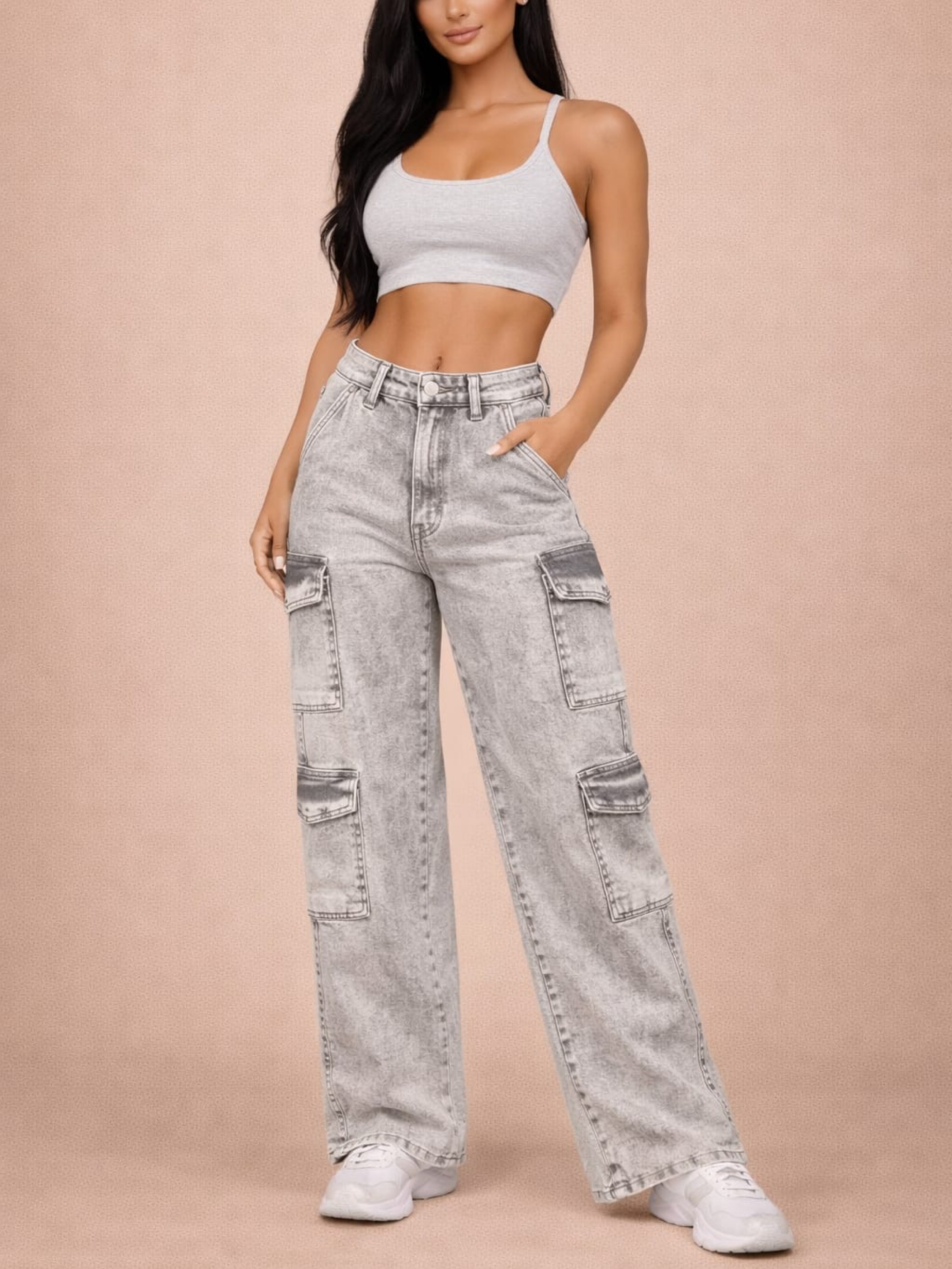 Calça Wide leg cargo 4 bolsos com elastano