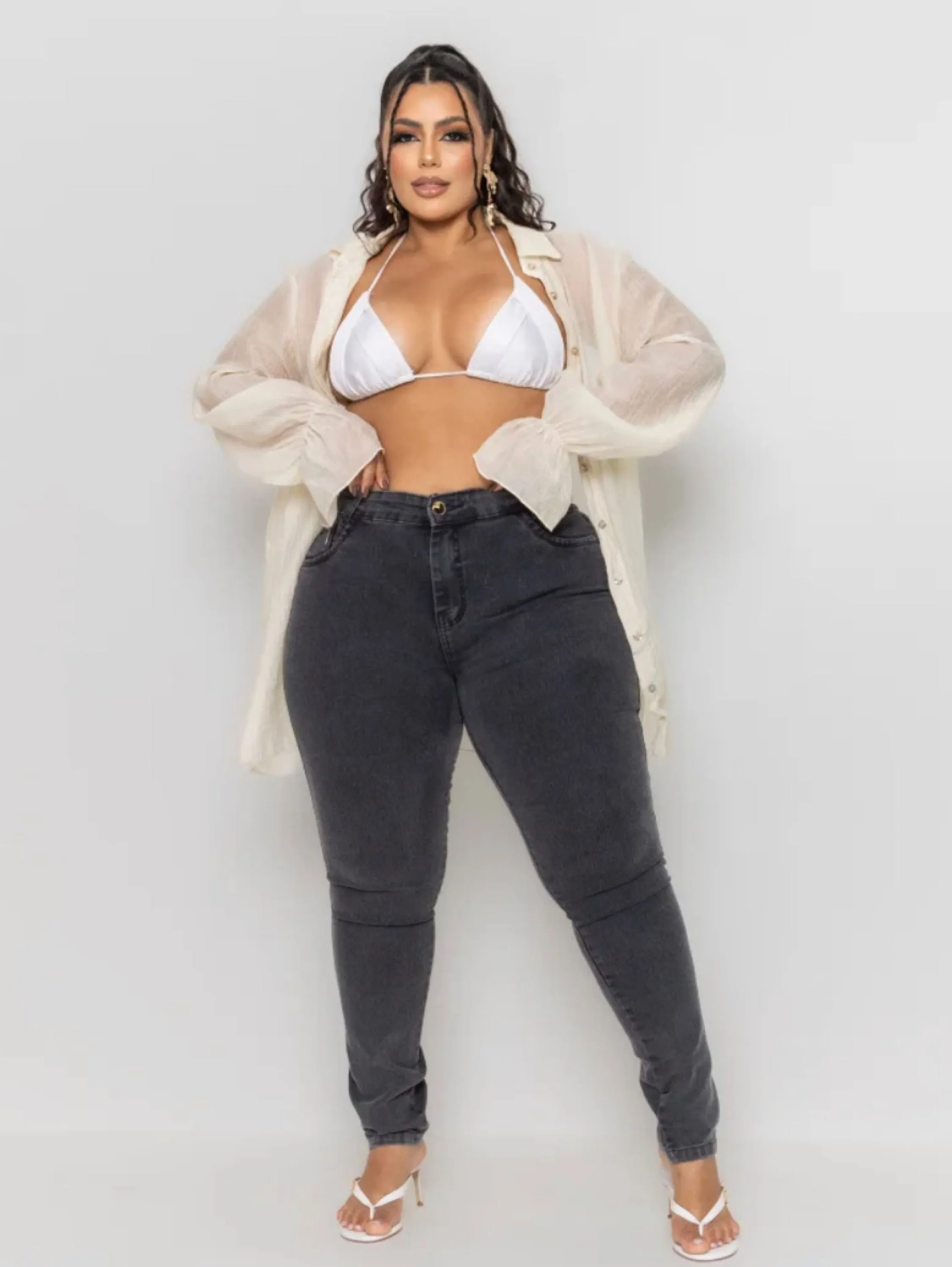 Calça jeans skinny grafite Plus size linha premium