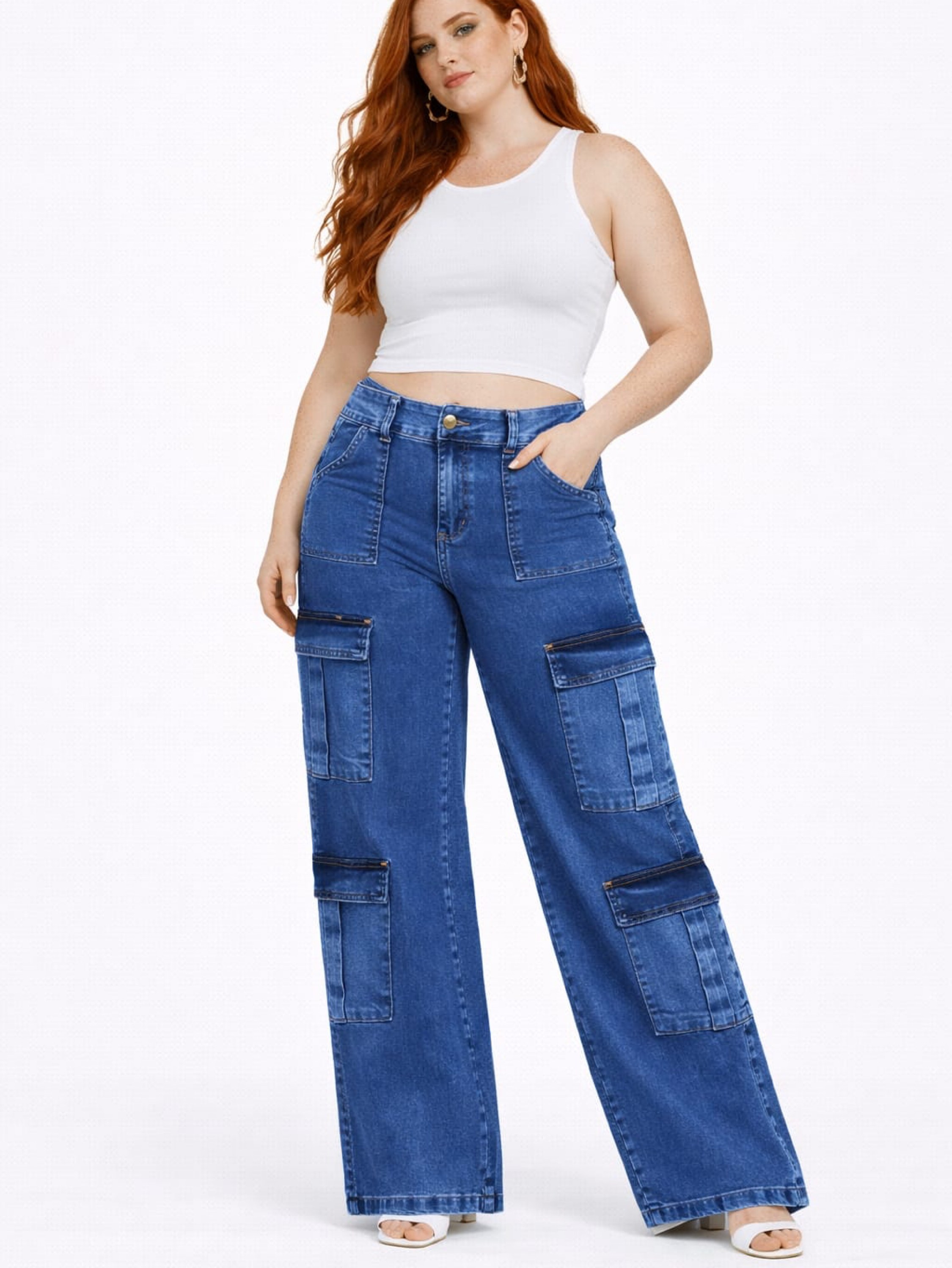 Calça Wide leg cargo Plus size com elastano