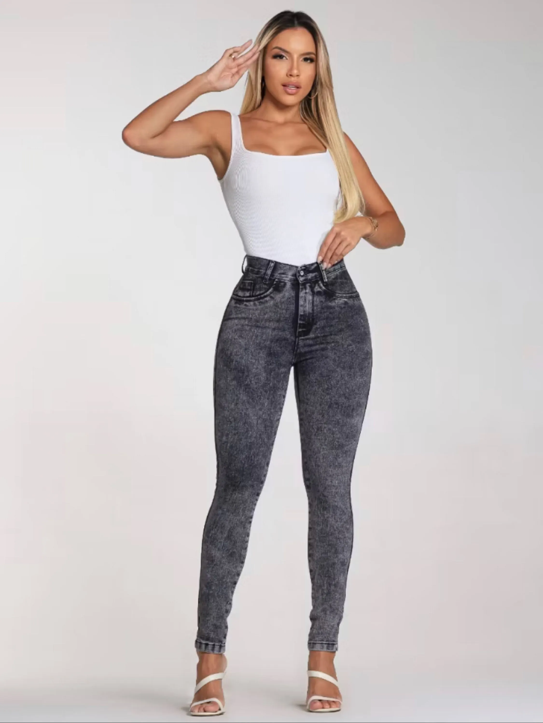 Calça jeans grafite marmorizada cintura alta premium