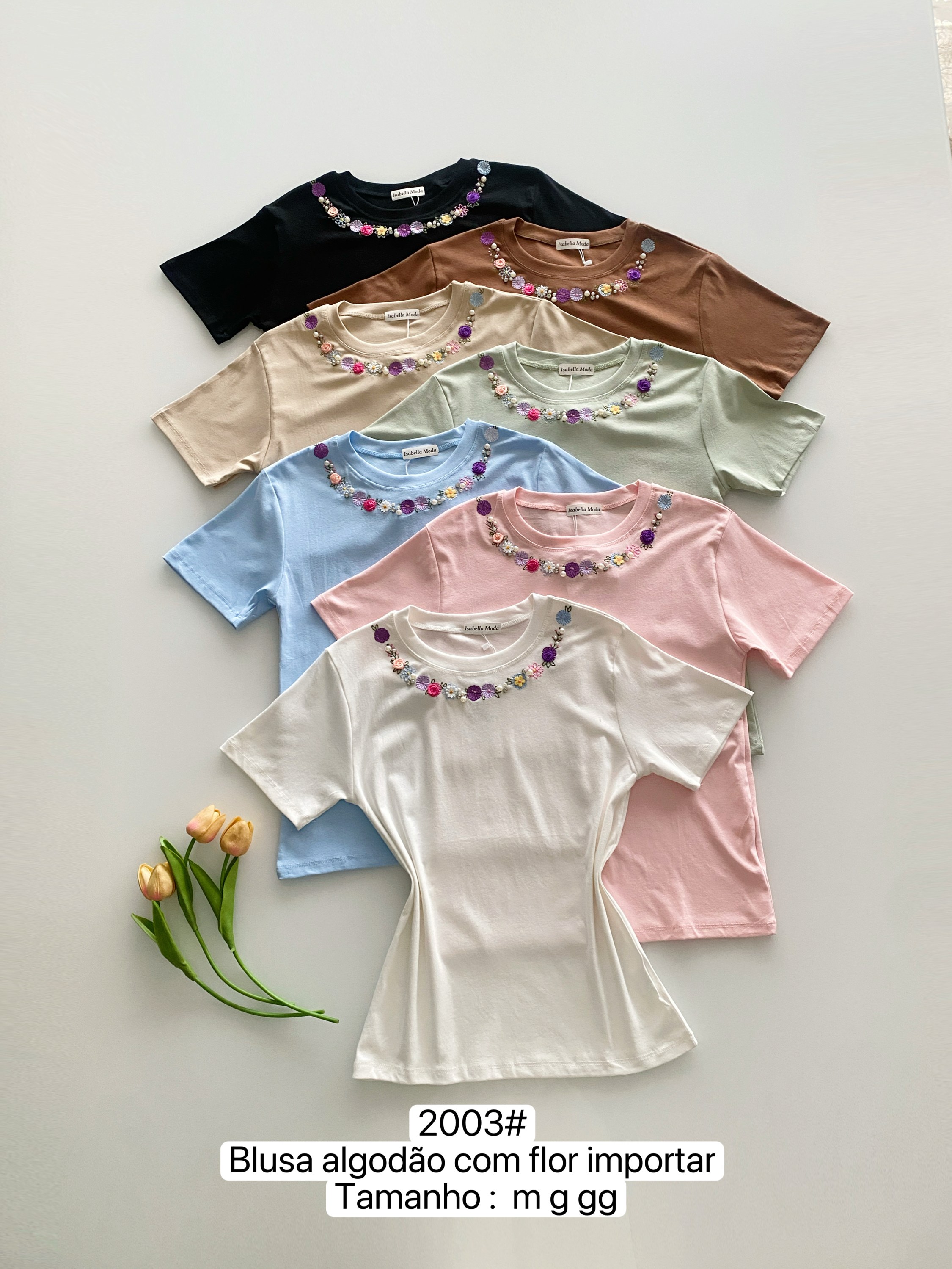 2003# Blusa algodão com flor Isabella moda