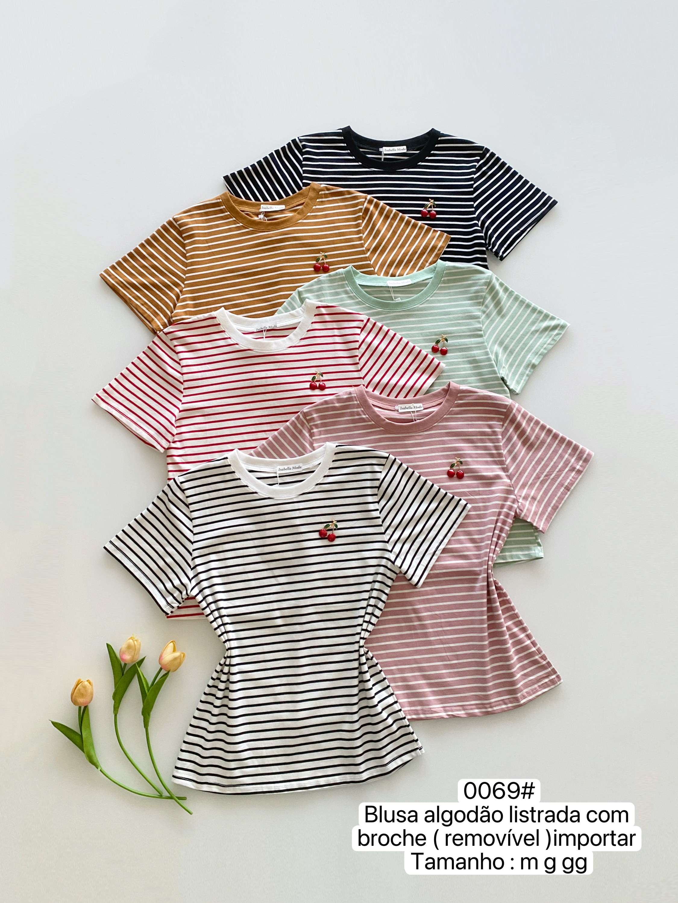 0069# Blusa algodão listrada com broche ( removível )