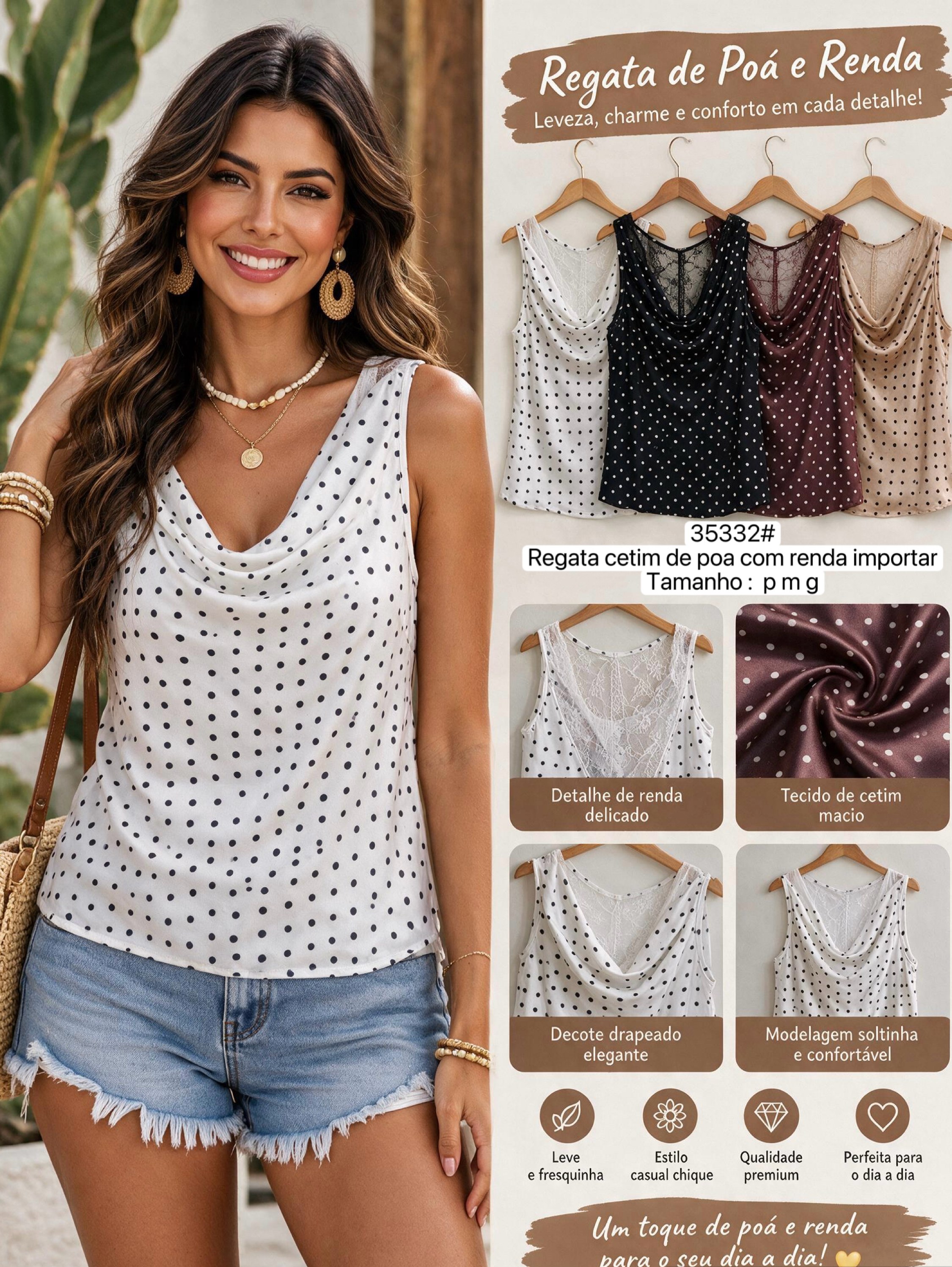 35432# Regata cetim é poa com renda Isabella moda