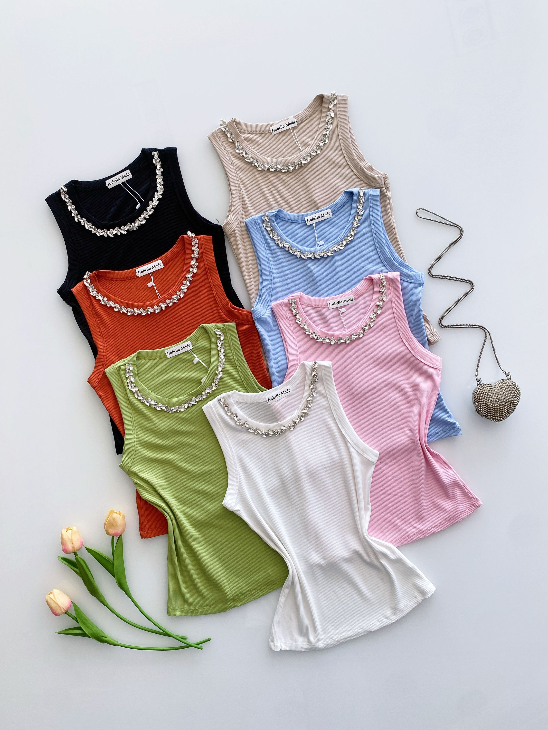 Regata canelada algodão com pedraria Isabella moda