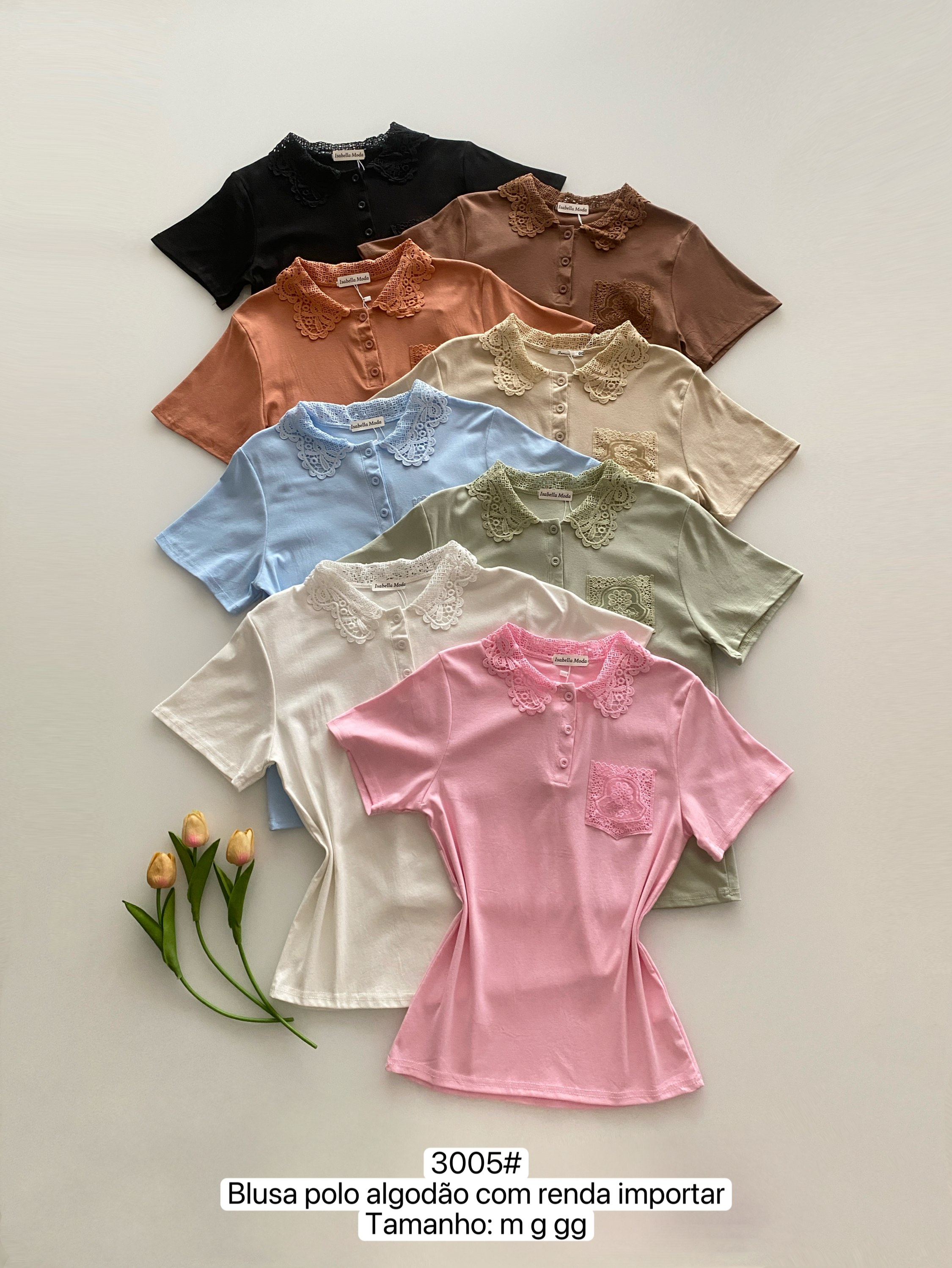 3005# Blusa polo algodão com renda Isabella moda