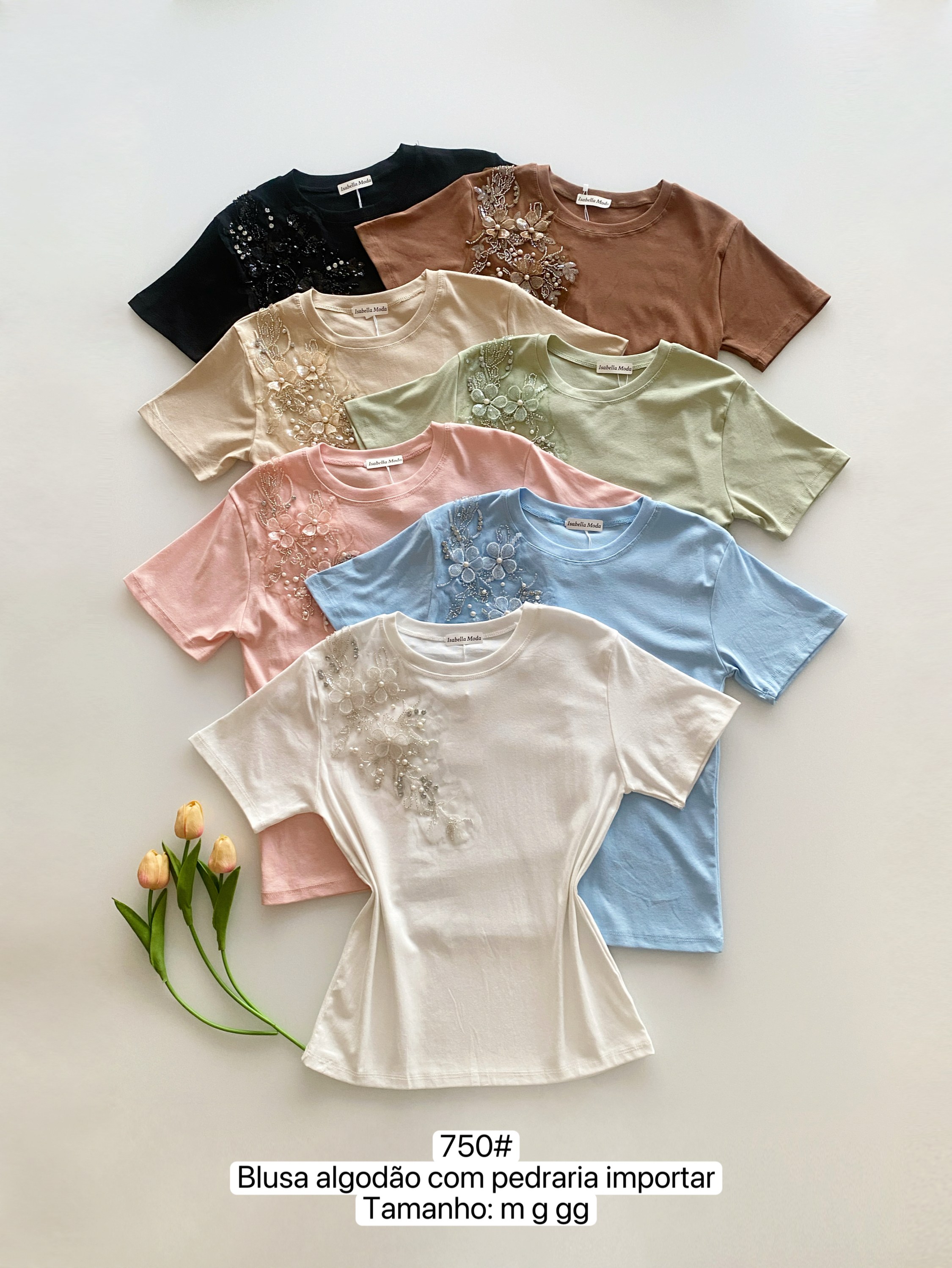 750# Blusa algodão com pedraria Isabella moda