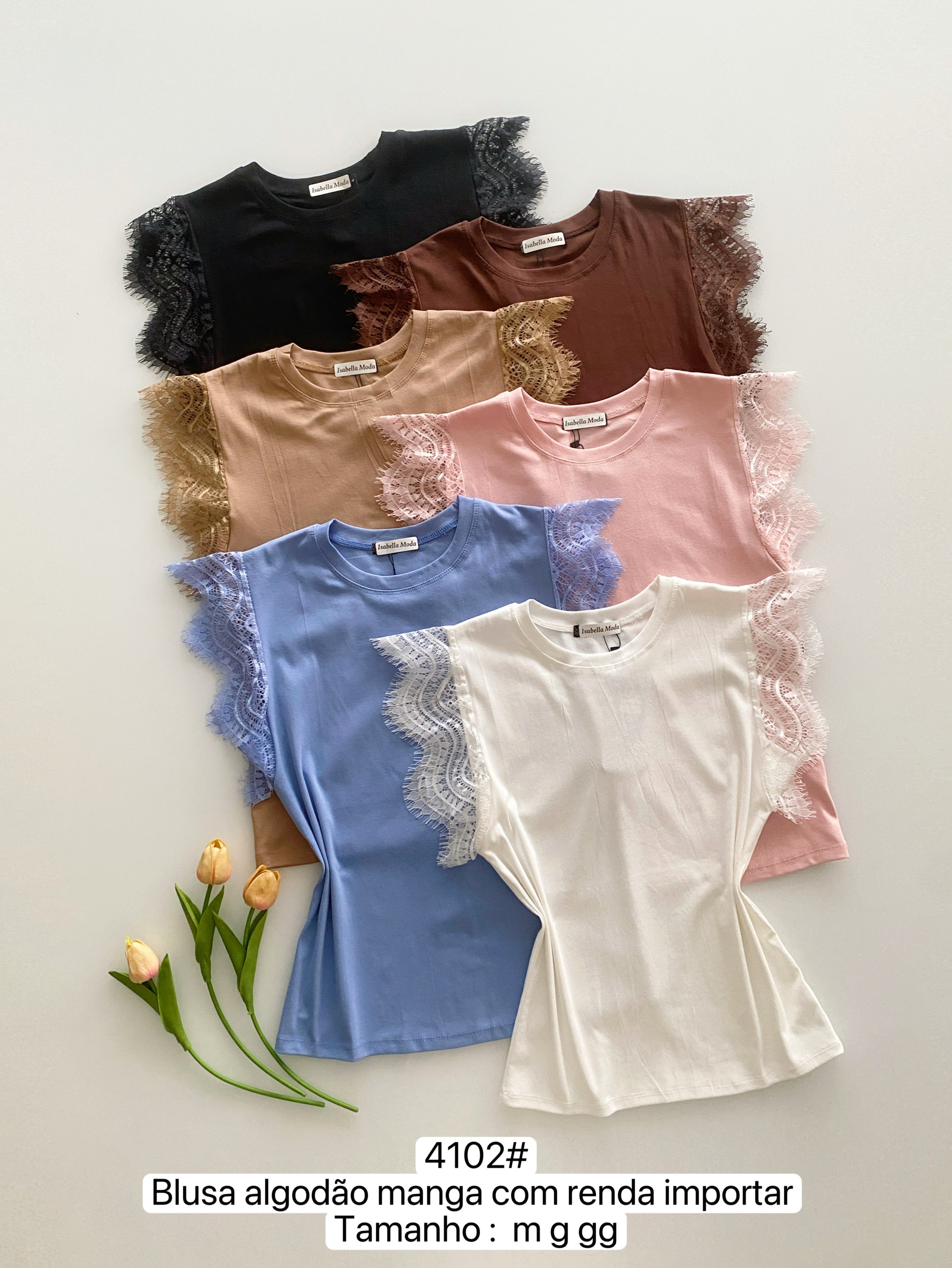 4102# Blusa algodão manga com renda Isabella moda