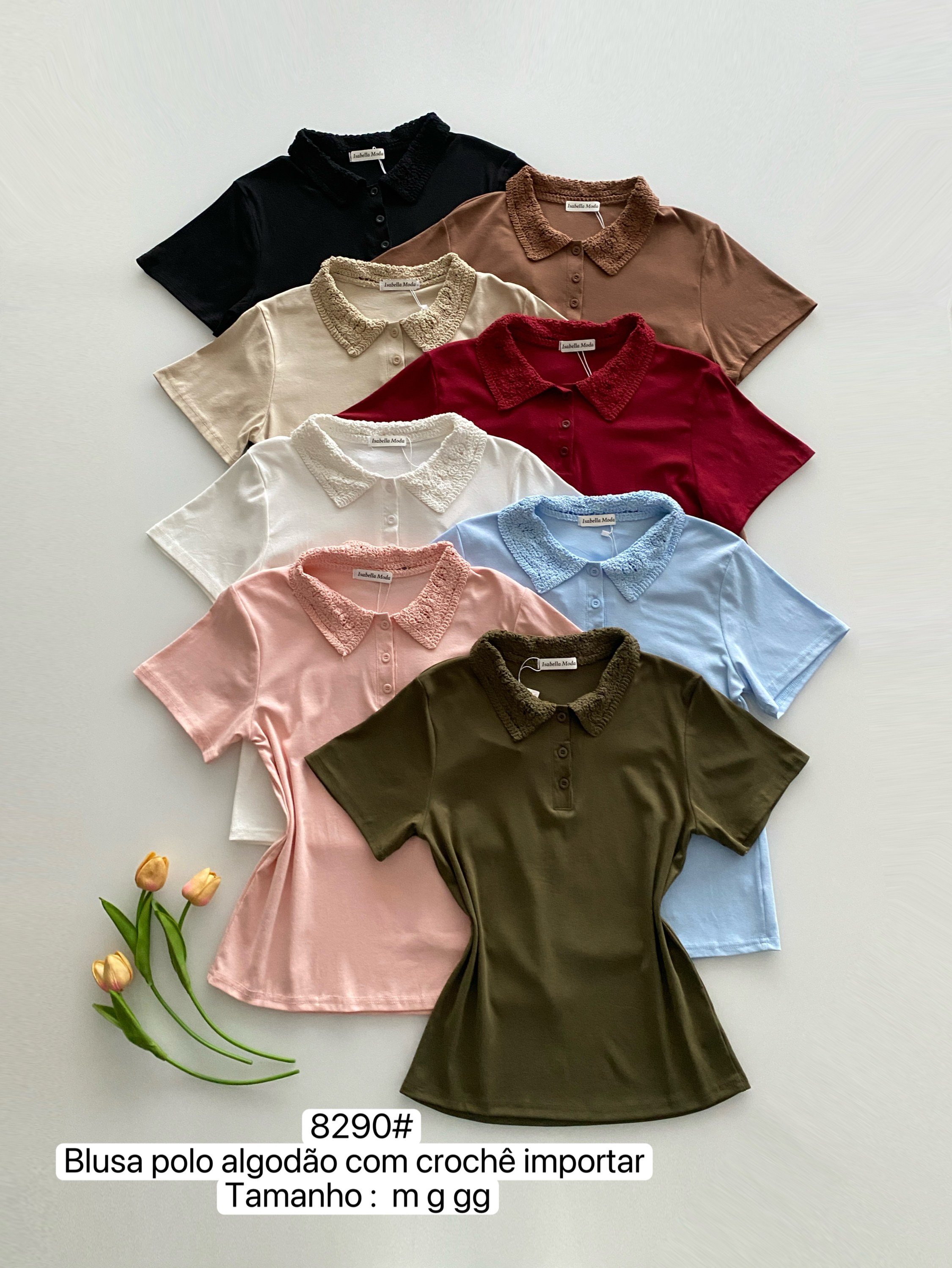 8290# Blusa polo algodão com crochê Isabella moda