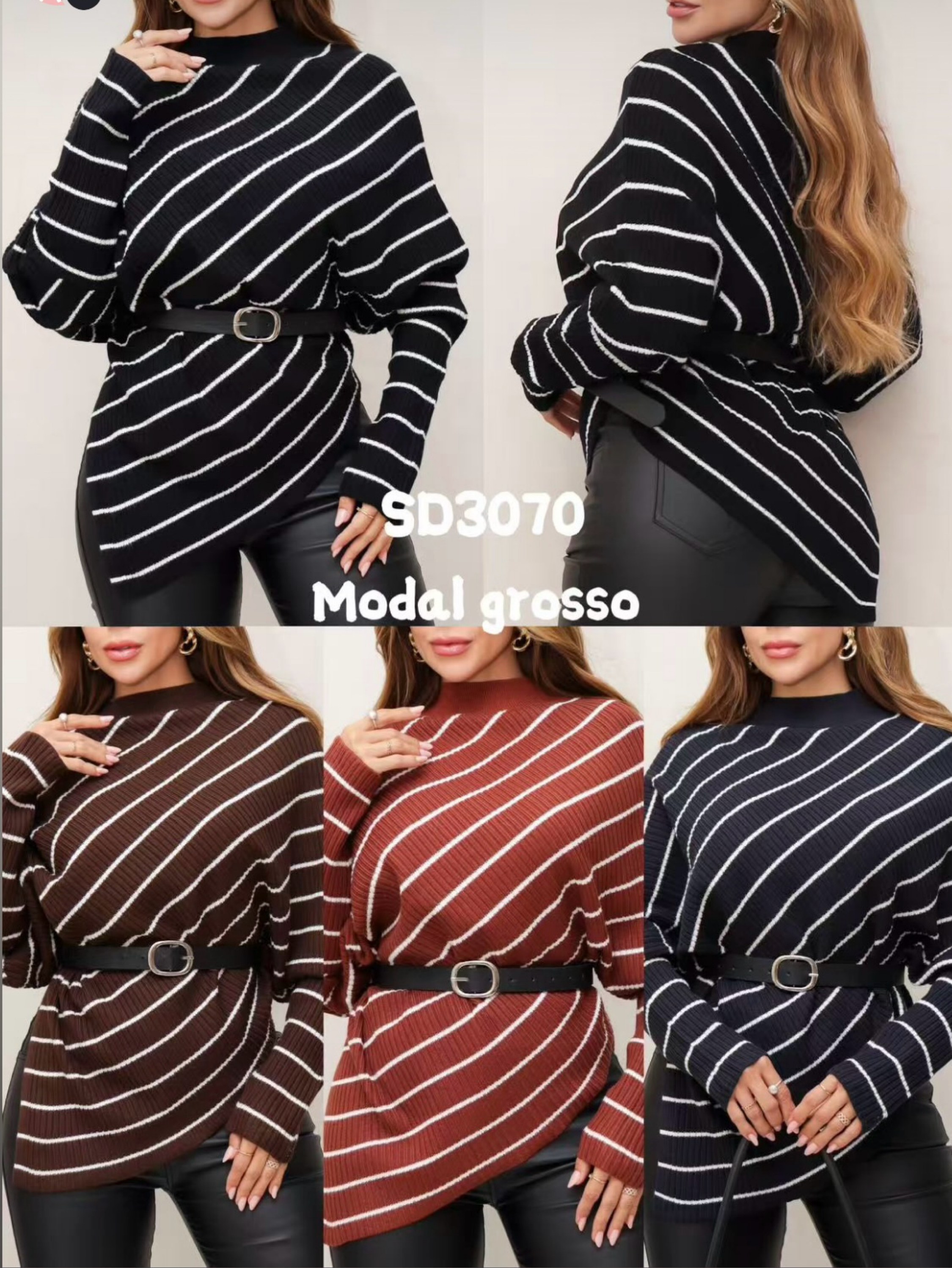 3037# Poncho modal lãzinha listrada com cinto Isabella moda