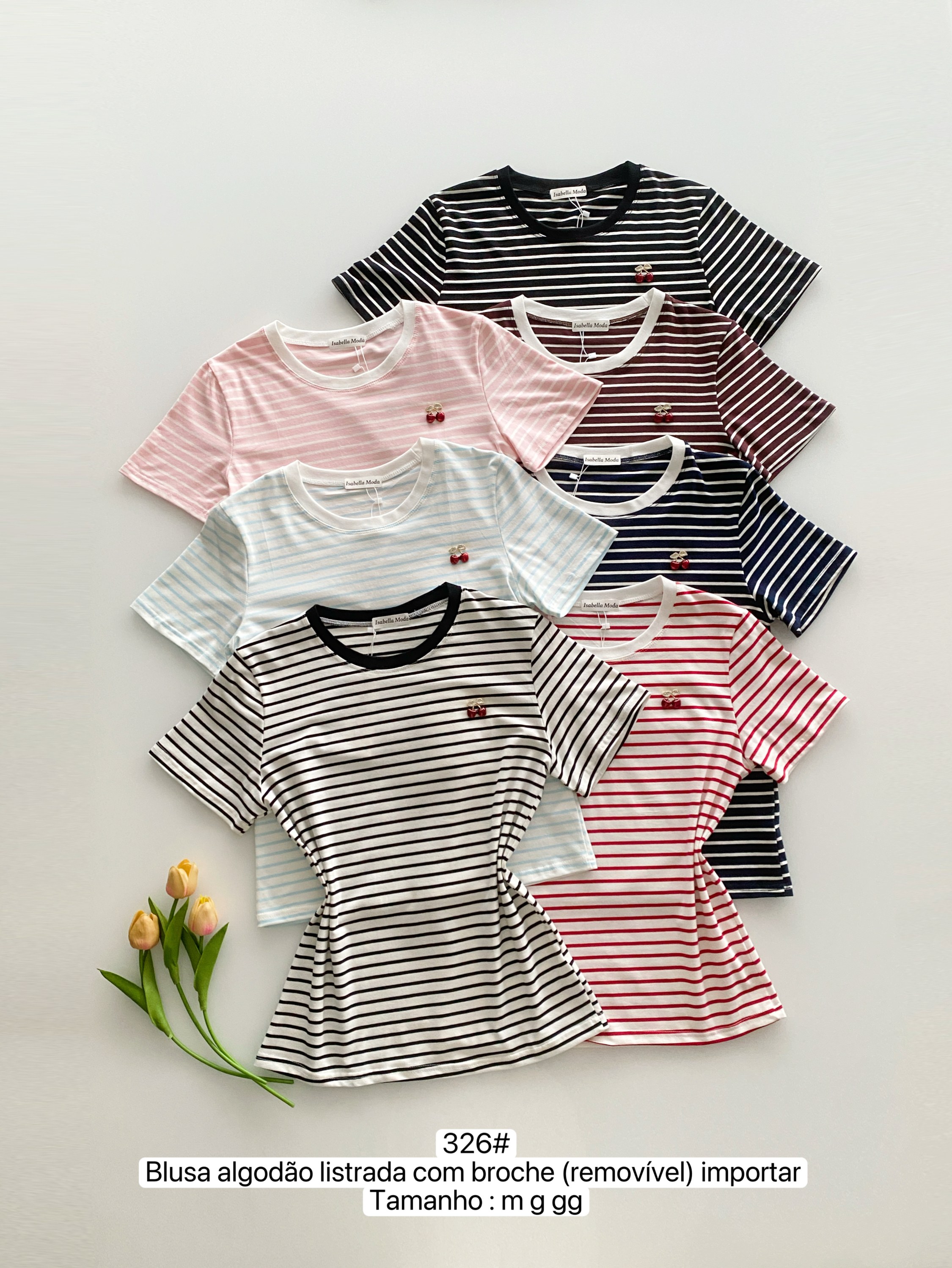 326# Blusa algodão listrada com broche (removível )