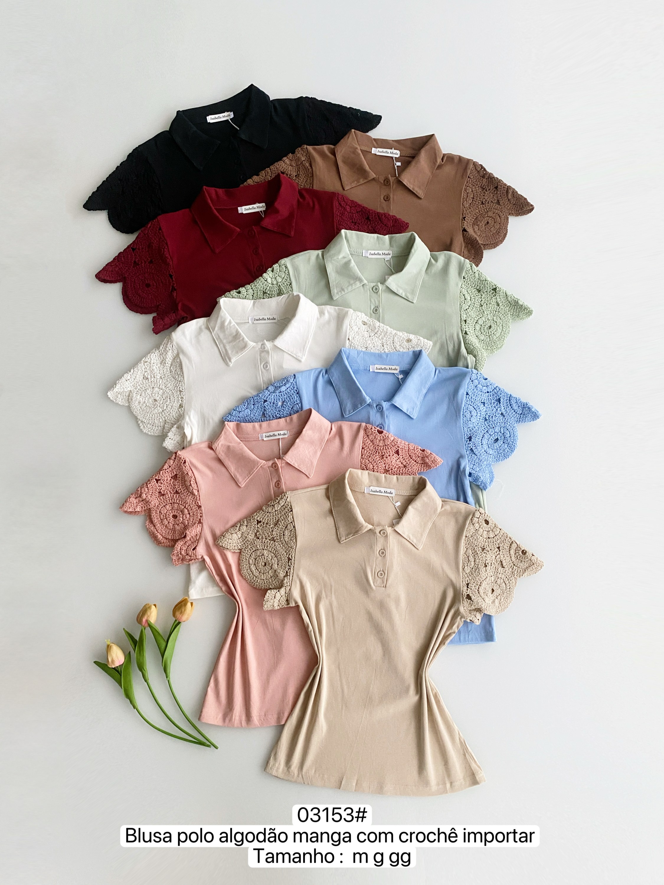 03153# Blusa polo algodão manga com crochê Isabella moda
