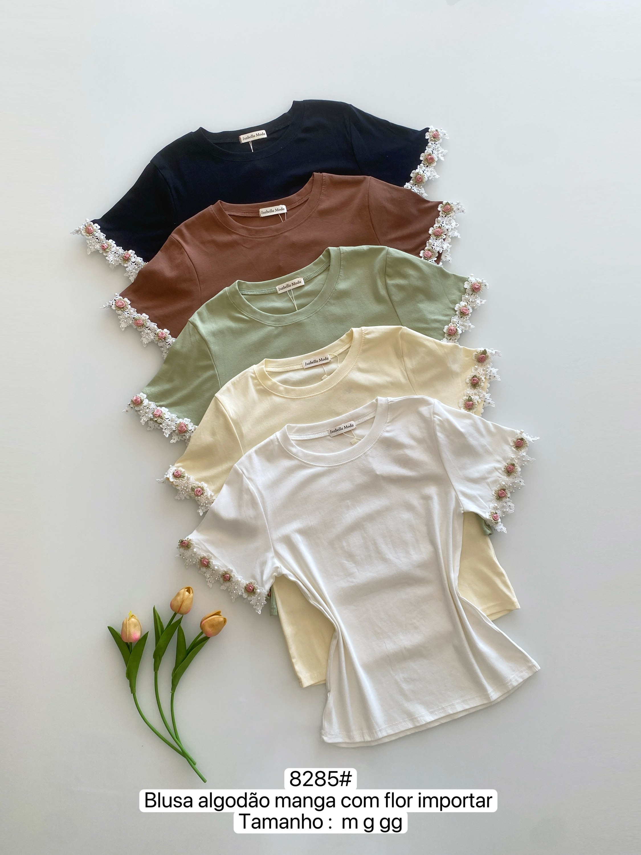 8285# Blusa algodão manga com flor Isabella moda