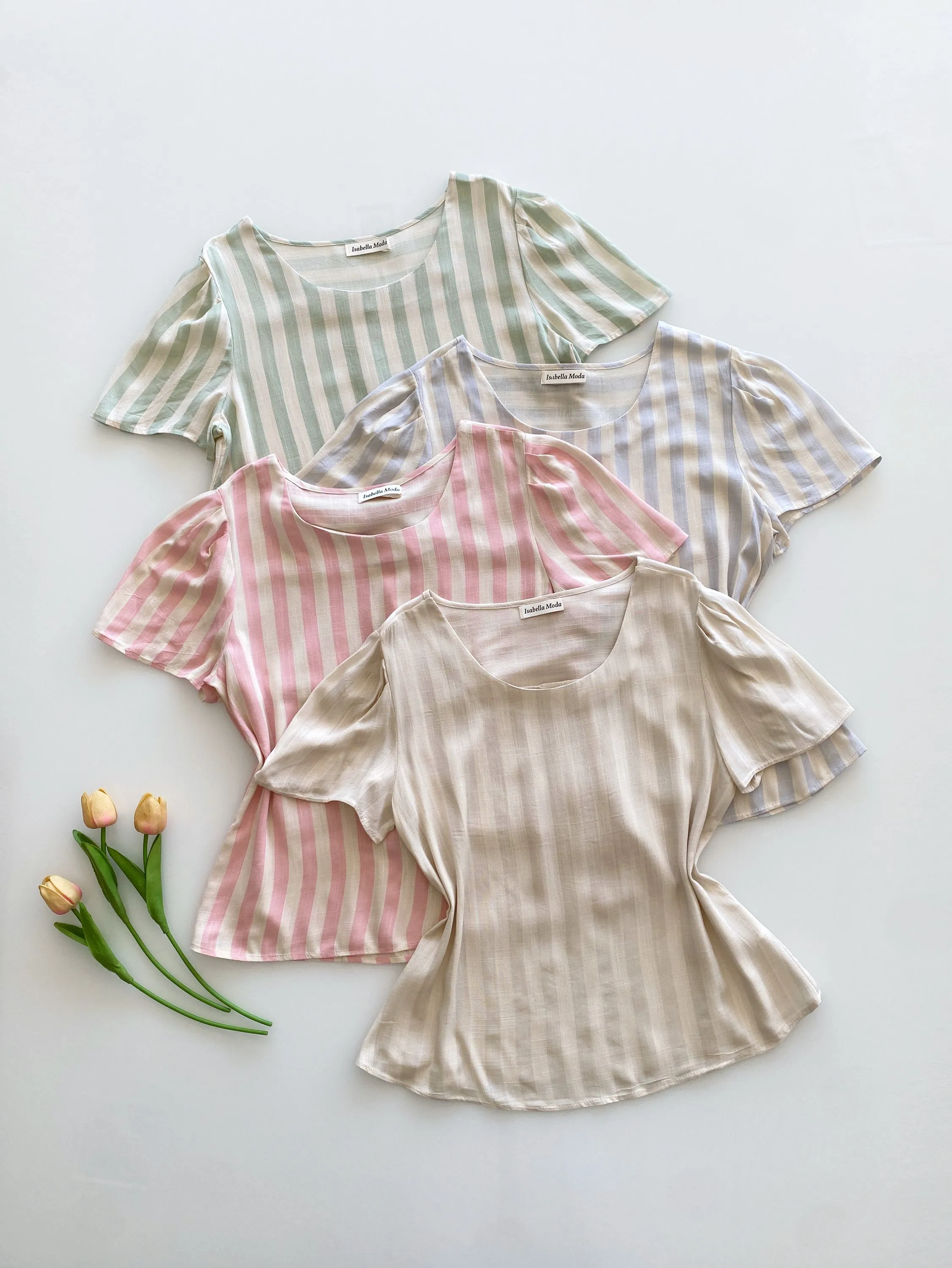 Blusa linho listrada manga curta Isabella moda