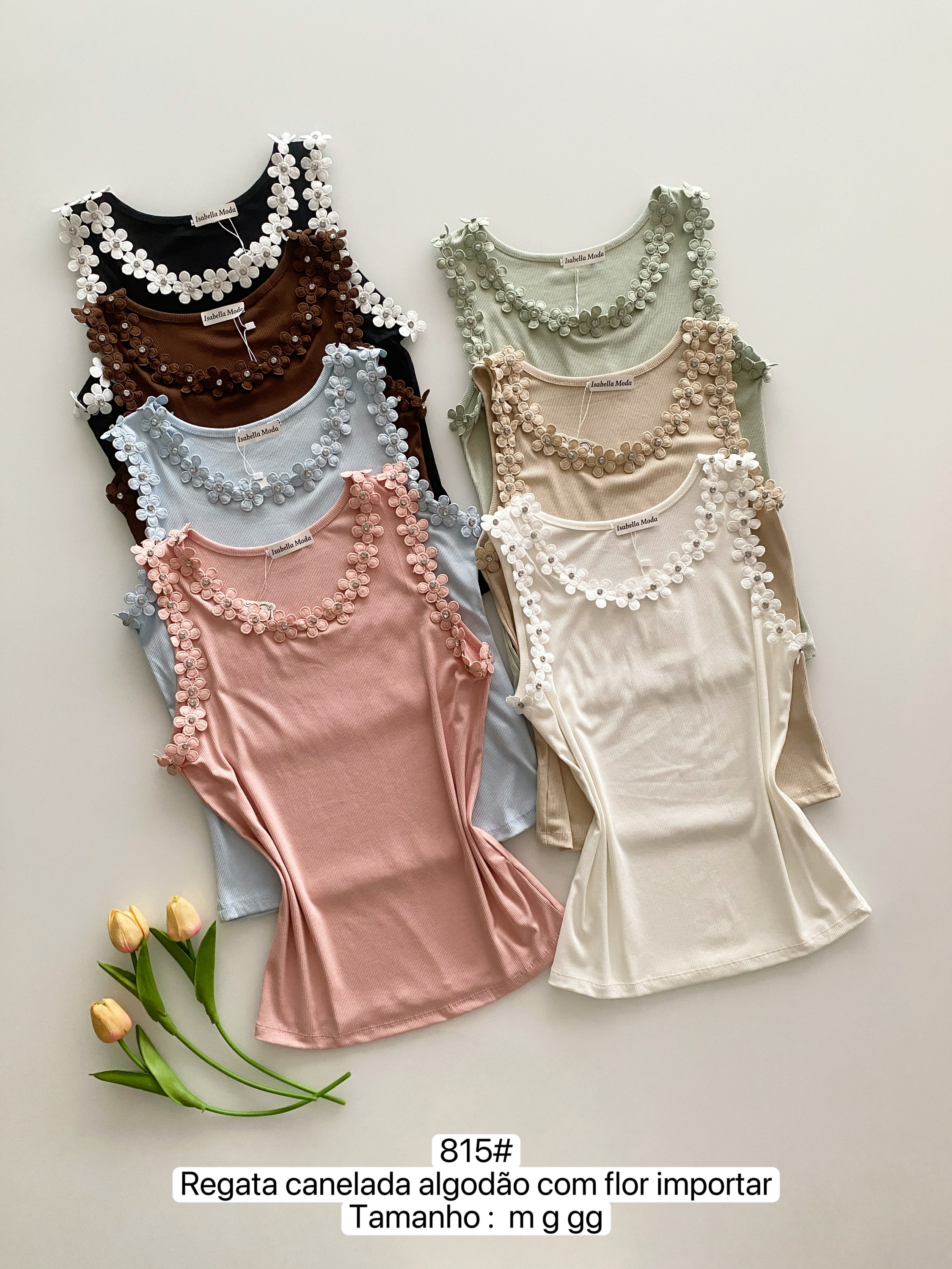 815# Regata canelado algodão com flor Isabella moda