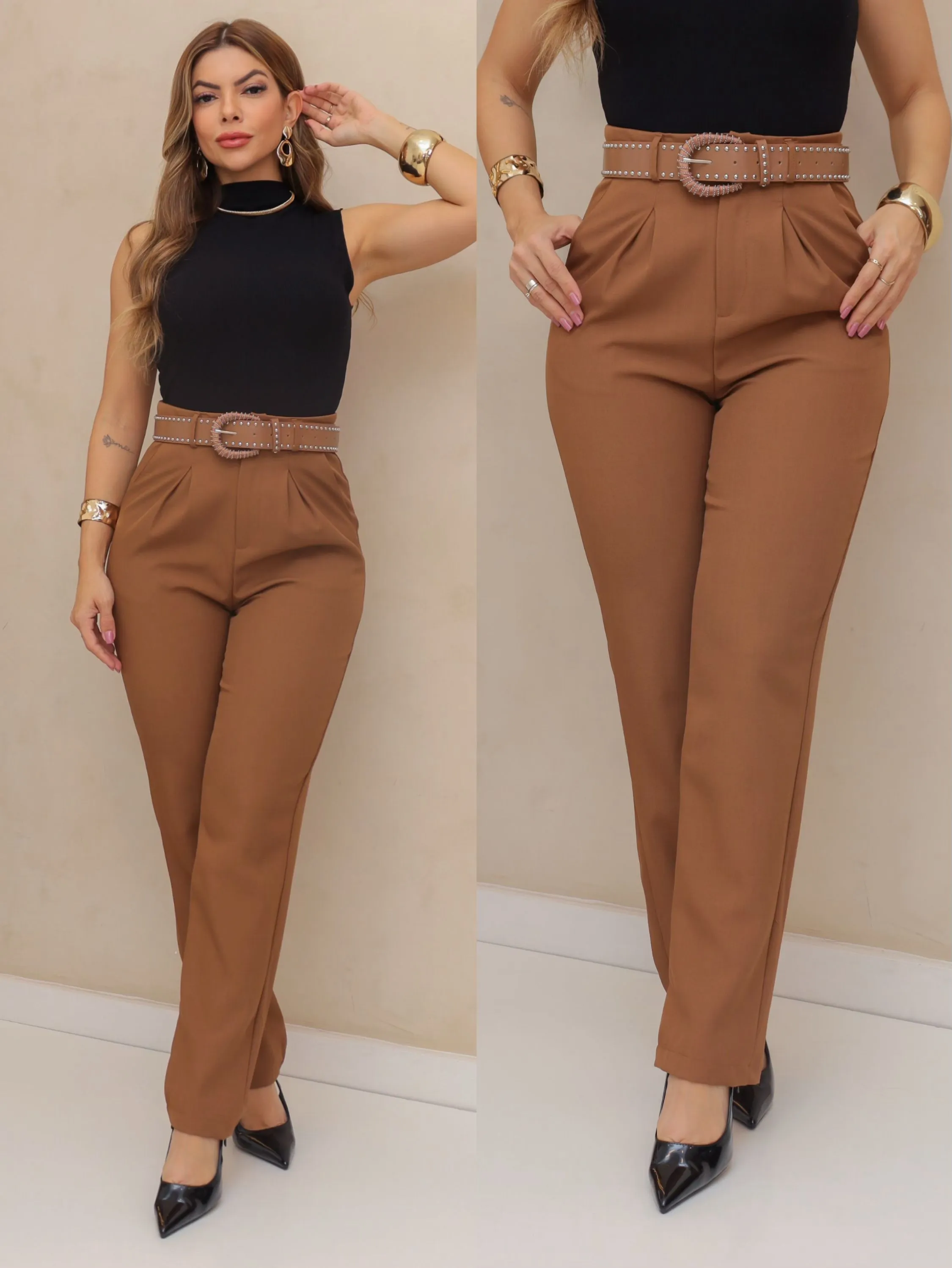 Calça alfaiataria com cinto Isabella moda