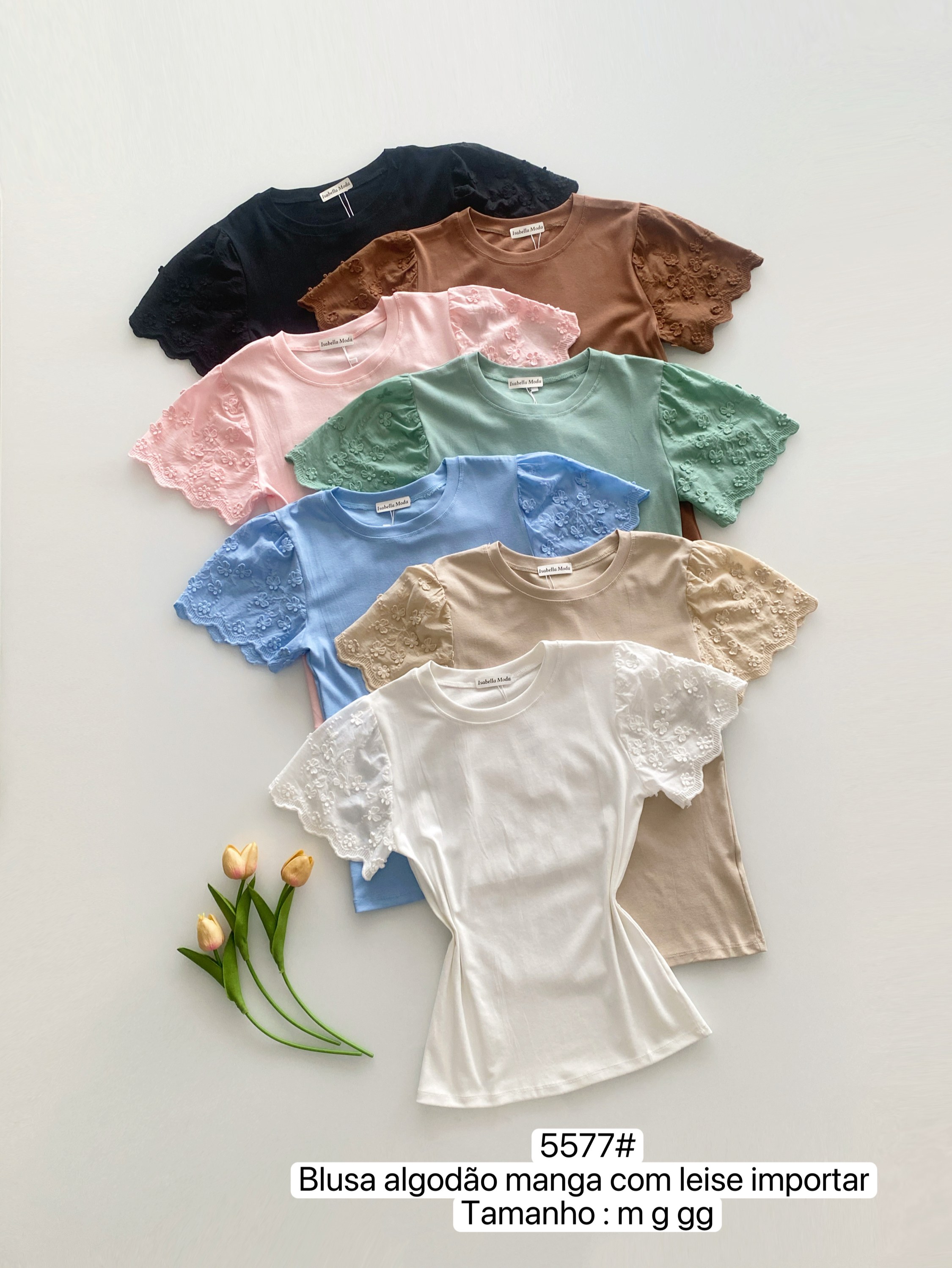 5577# Blus algodão manga com leise Isabella moda