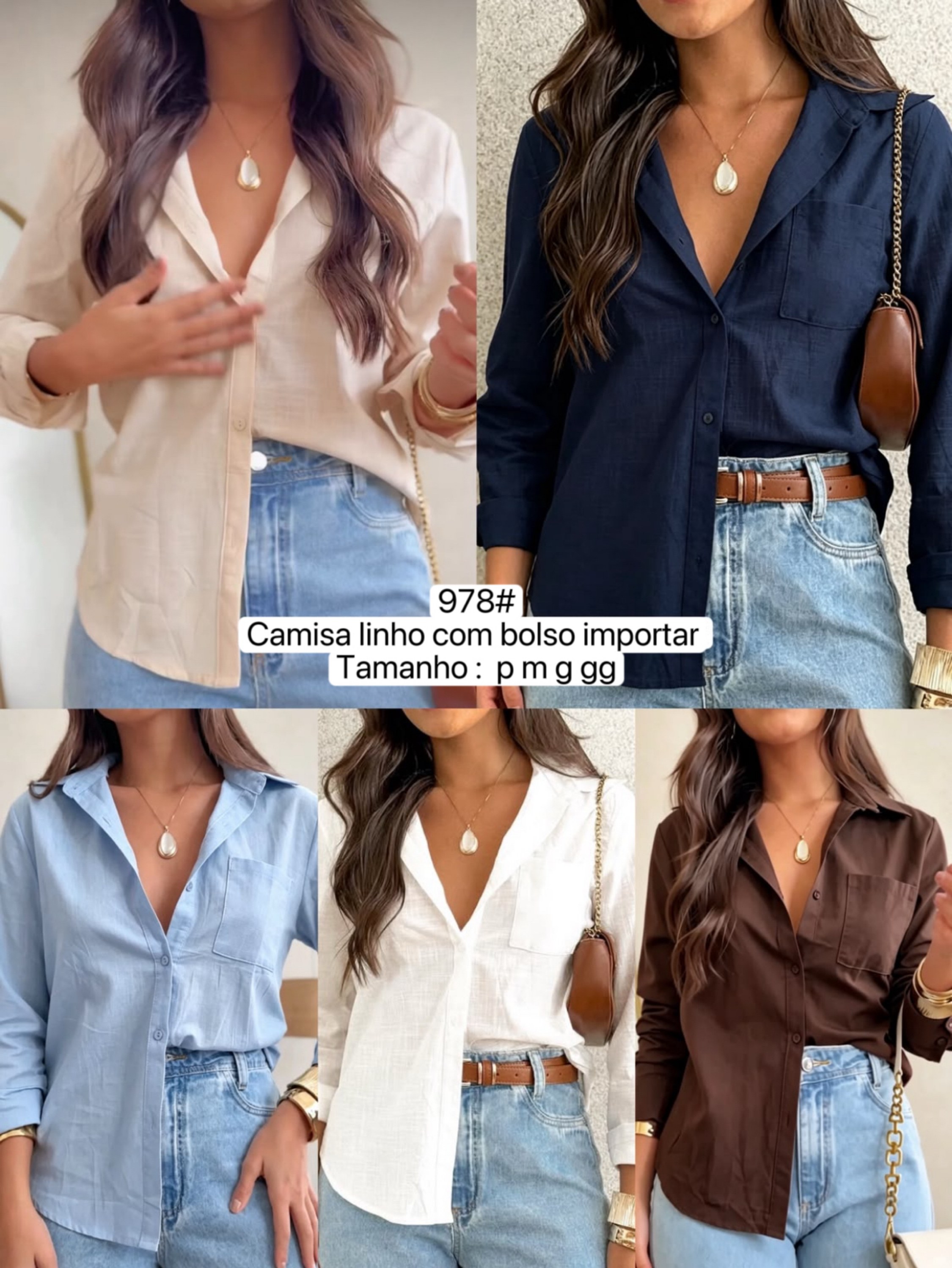 978# Camisa linho com bolso Isabella moda