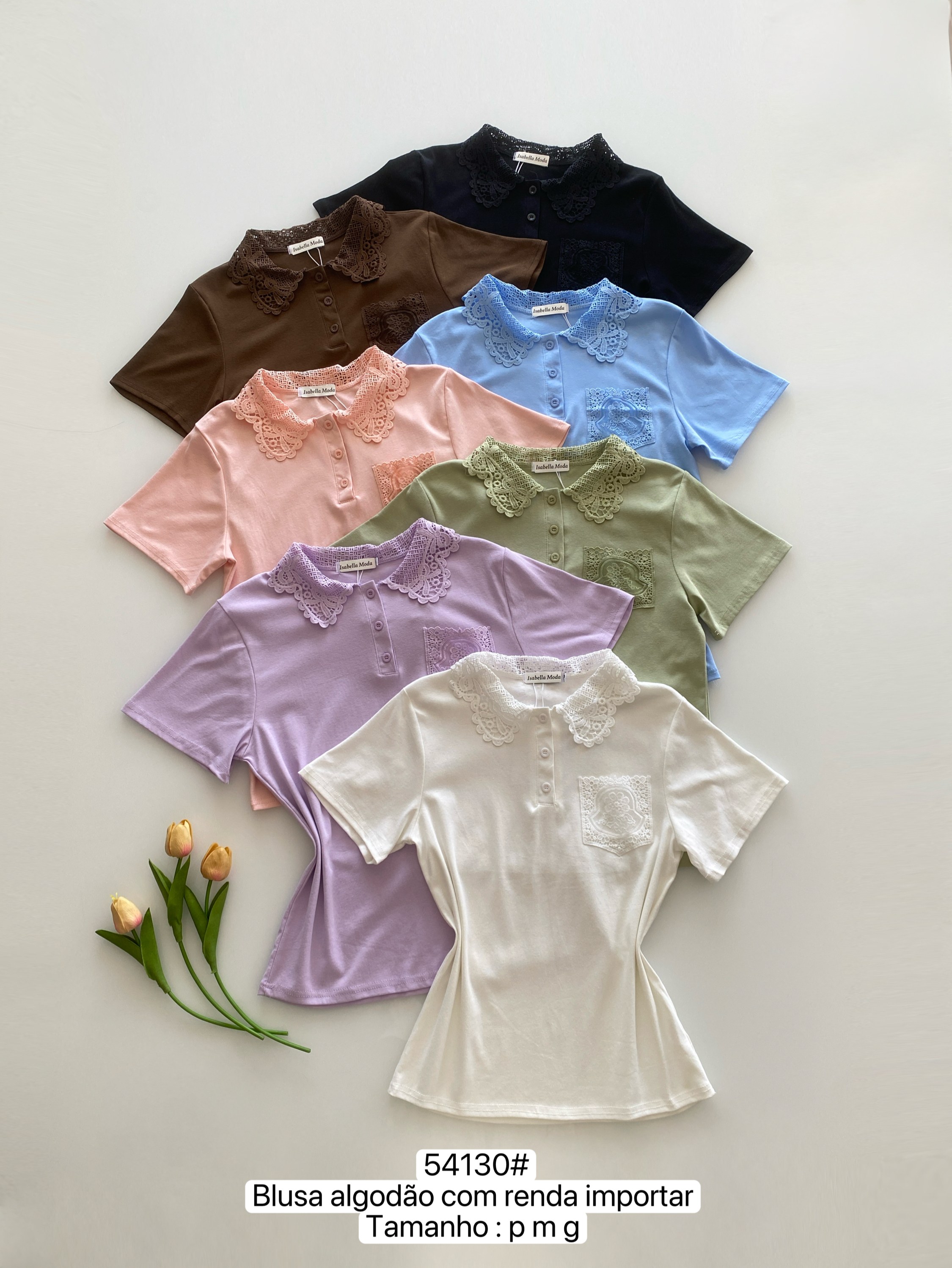 54130# Blusa polo algodão com renda Isabella moda